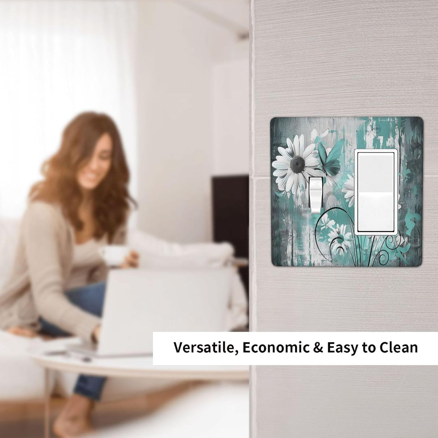 Outlet Covers Teal Daisy Floral Vintage Wood Plank 1 Toggle 1 Rocker Combination Decorative Wall Plate Electrical Switch Plates Light Switch Cover Plate For Farmhouse Cabin Decor