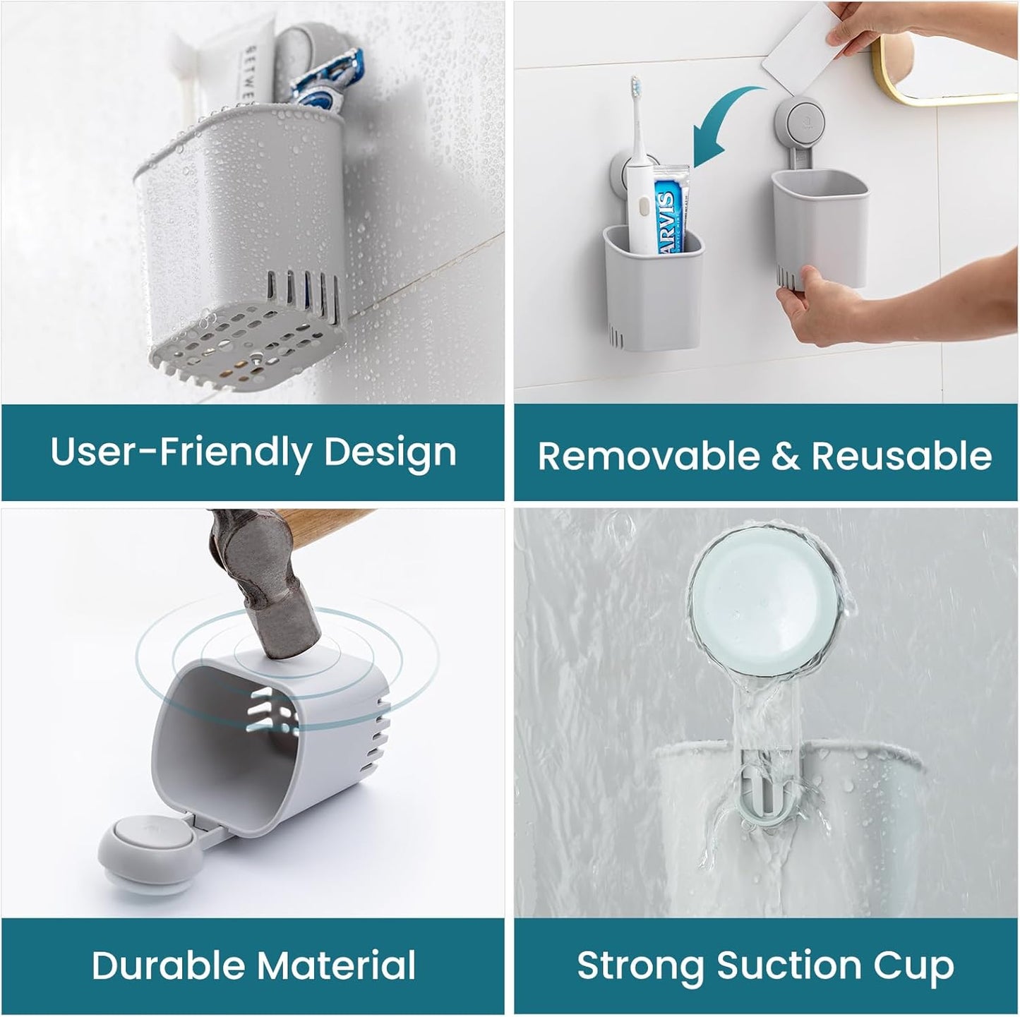 TAILI Suction Toothbrush Holder, Powerful Toothpaste Toothbrush Suction Cup, Self-draining Shower Razor Holder, Shower Toothbrush Holder for Wall, Kitchen Tableware Holder, Gray
