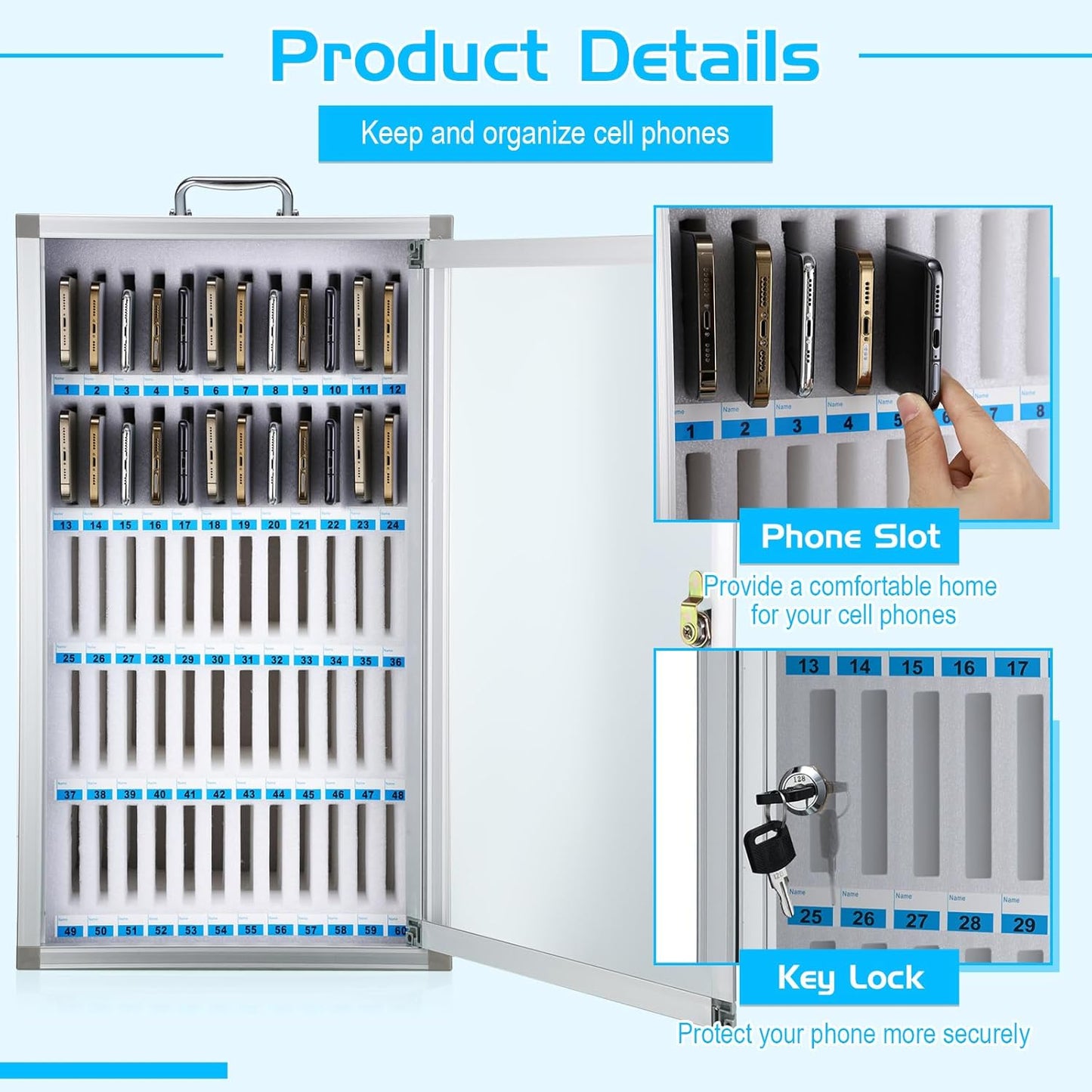 Amylove 60 Slots Cell Phone Locker Cabinet Aluminum Alloy Pocket Chart Storage Locker Box Cabinet Wall-Mounted Cell Phones Storage Box with Handle for Office Classroom Gym (White)