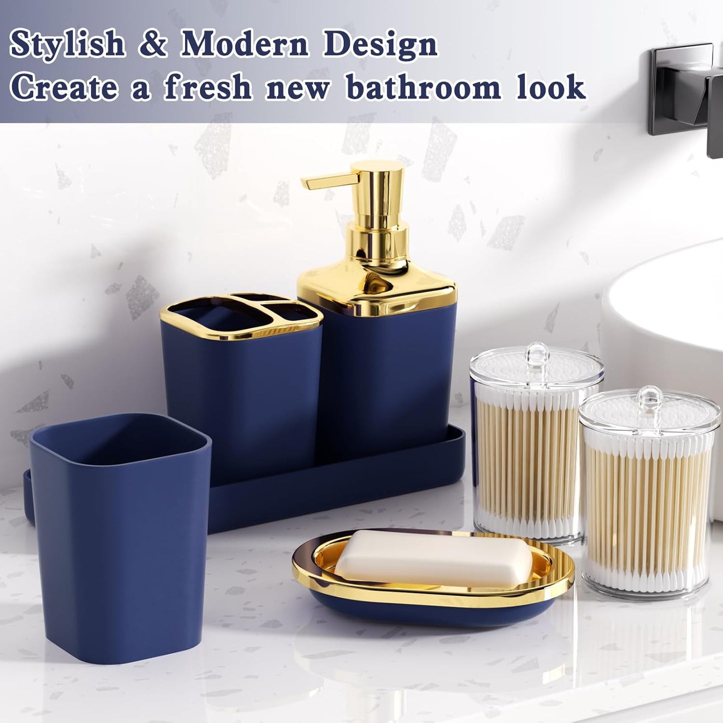 Bathroom Set - Blue and Gold Bathroom Accessories, Bathroom Sets with Shower Curtain and Rugs, Navy Blue Shower Curtain Set with Bathroom Trash Can, Soap Dispenser, Soap Dish for Home Decor