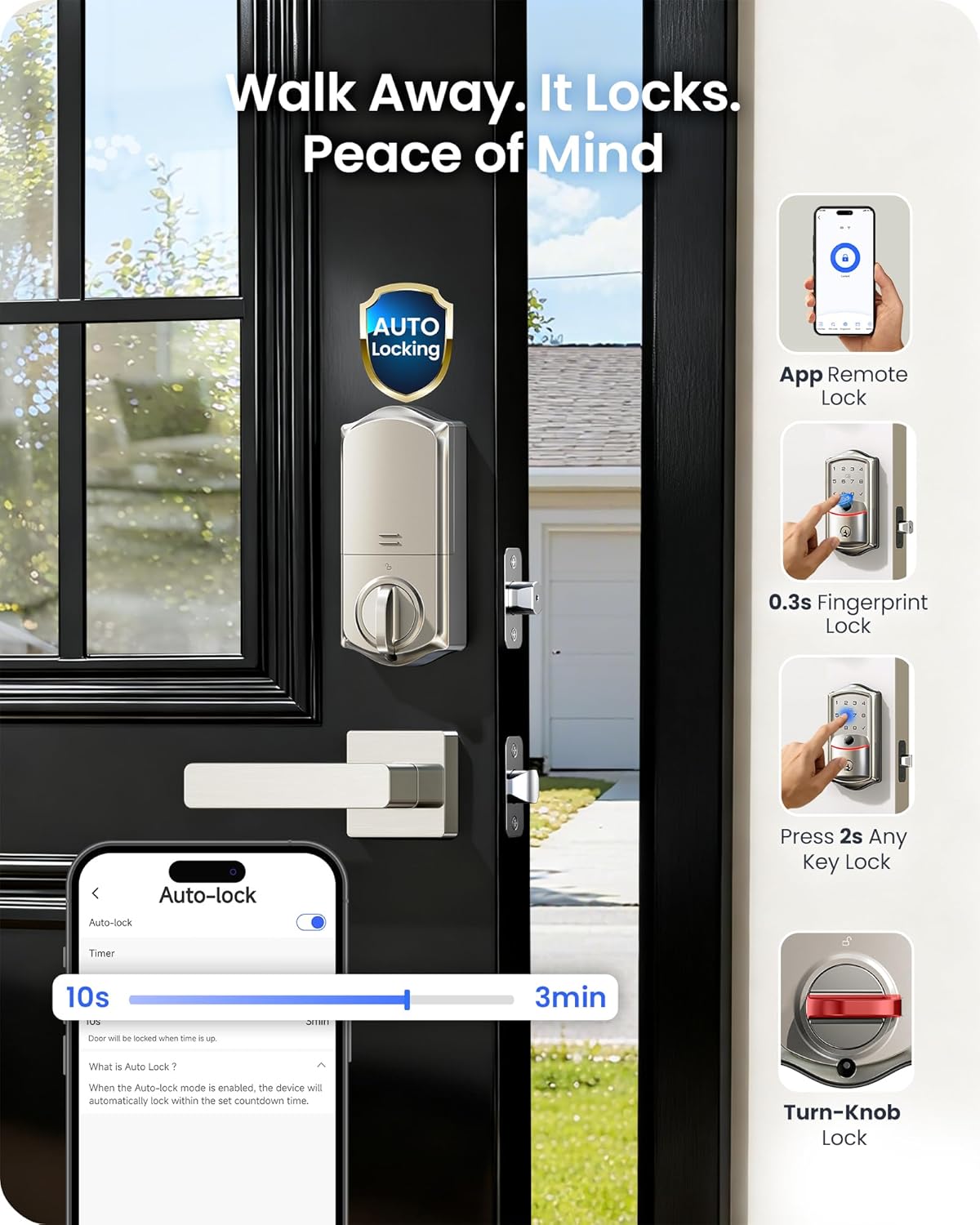 Veise VE027-H WiFi Fingerprint Smart Deadbolt Lock with Handleset, App Remote Control, Keyless Entry Front Door Lock Set, Built-in Wi-Fi, Touchscreen Keypad, Auto-Lock, Easy Setup, Satin Nickel