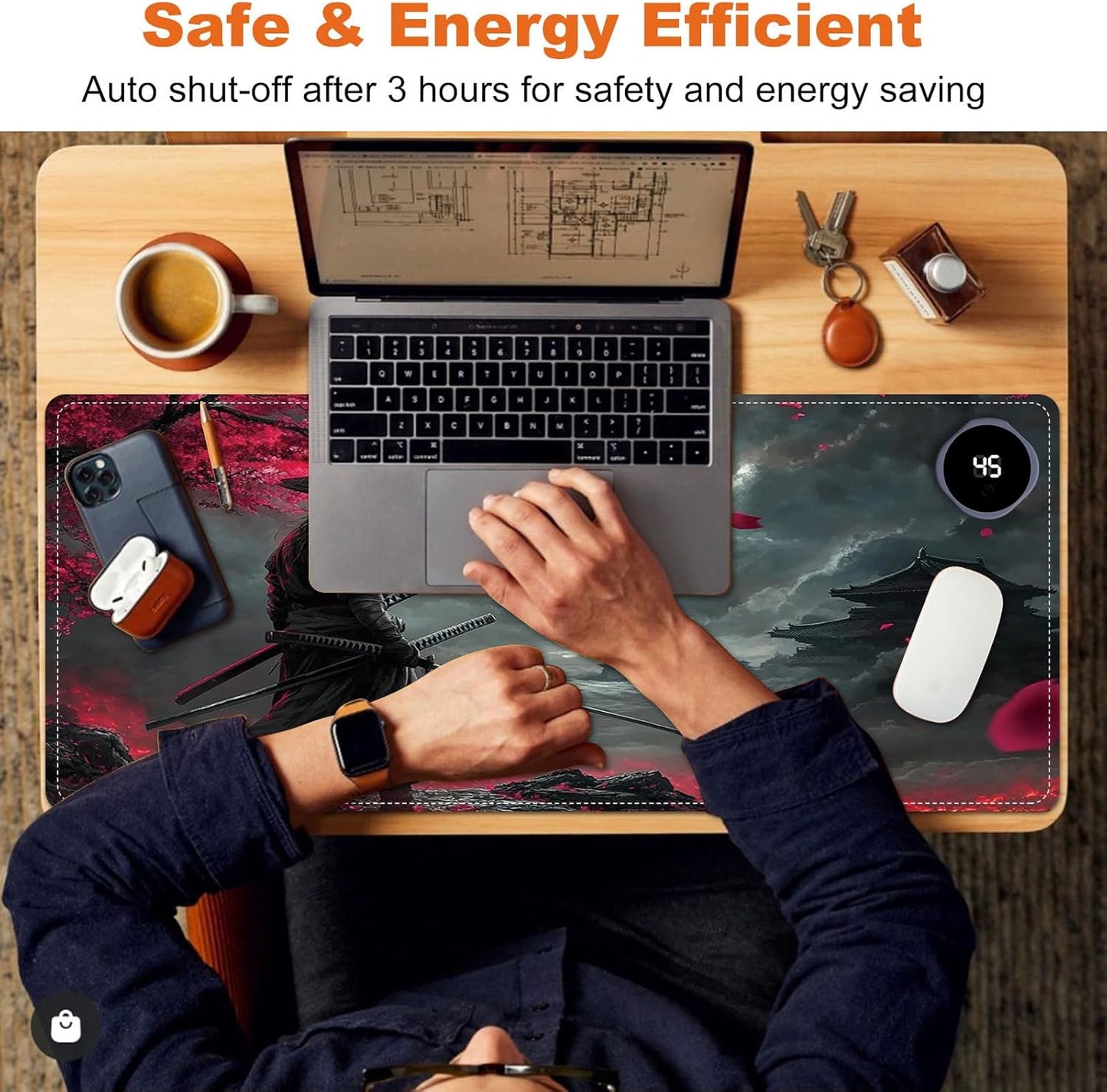 Heated Mouse Pad for Desk 31.5" x 13" – PU Leather Warm Desk Pad with 3 Heat Levels (104°F/113°F/122°F), Plug-in Electric Heating Mat with Auto Shut-Off, Waterproof & Rollable, Samurai
