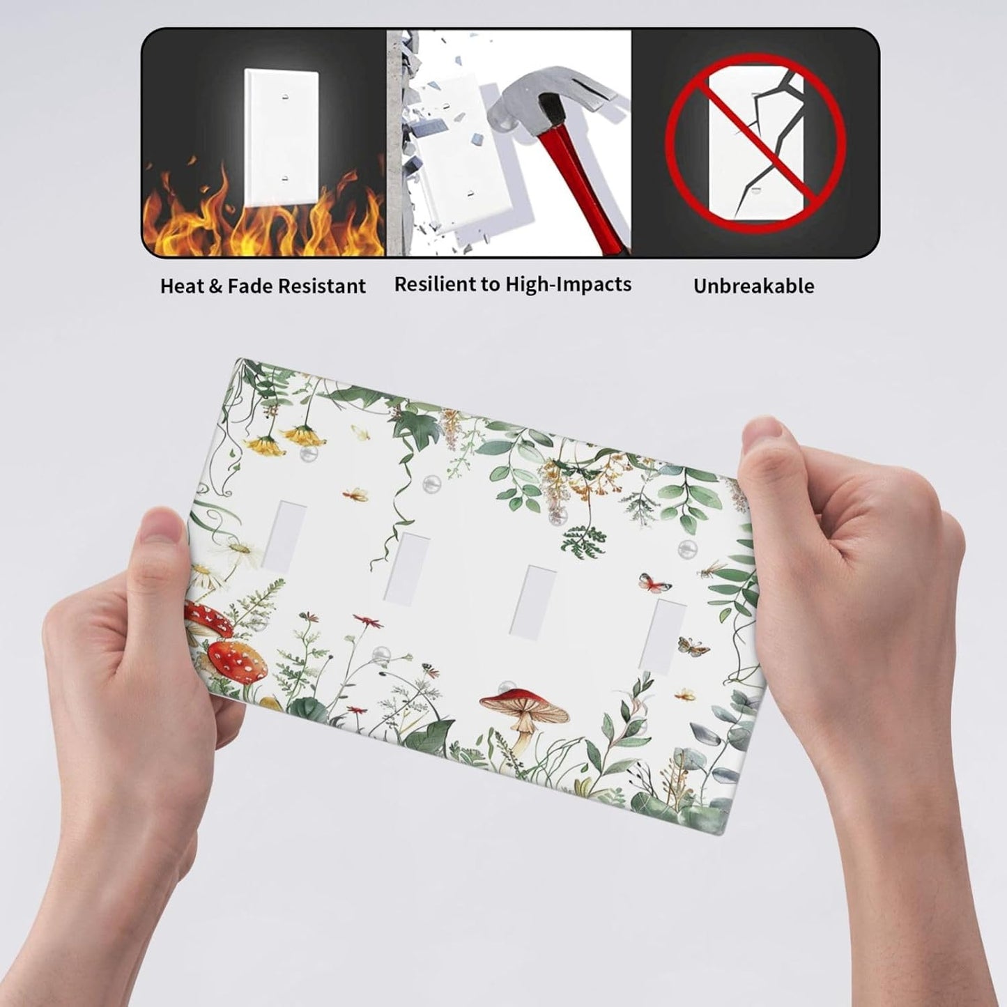 Light Switch Covers Sage Plant Red Mushroom Butterfly Wild Flower Quad Toggle Electrical Faceplate 4 Gang Wall Plate Decorative Switch Plates For Bed Room Kids Room Decor