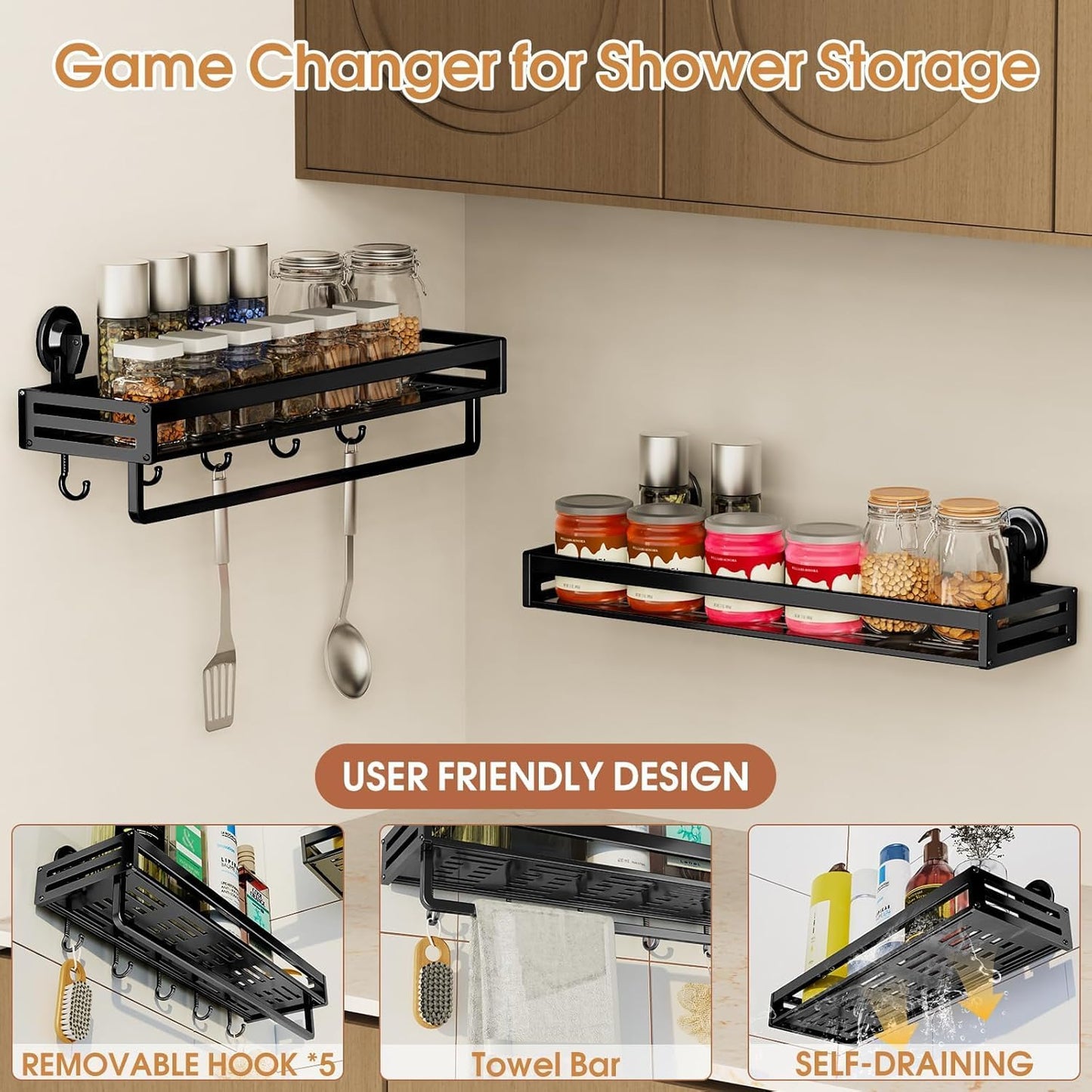 Shower Caddy Suction Cup, 11.8 inch 2 Pack Suction Shower Shelf with Hooks NO-Drilling Bathroom Holder, Rustproof Bathroom Organizer, Black,Includes 2 Extra Suction Cups for Replacement Use