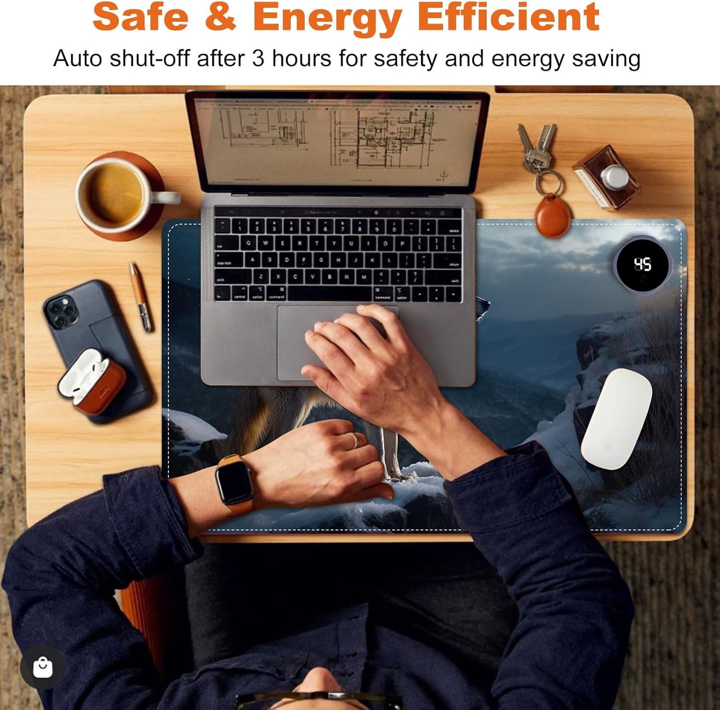Small Heated Desk Pad 23.6" x 14.2" – Compact Electric Mouse Pad with 3 Heating Levels, Auto Shut-Off, Waterproof PU Surface, Plug-in Warmer for Office or Home Use, Lone Wolf