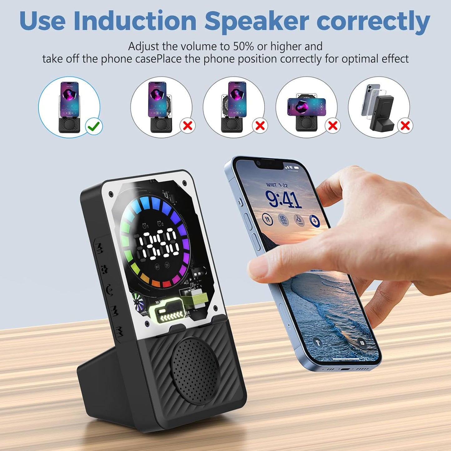 Wireless Induction Speaker, 5 in 1 Bluetooth Speaker with Cell Phone Stand, Phone Holder with Rechargeable Colorful Light and Alarm Clock for iPhone/Android/iPad, for Men Women(Black)