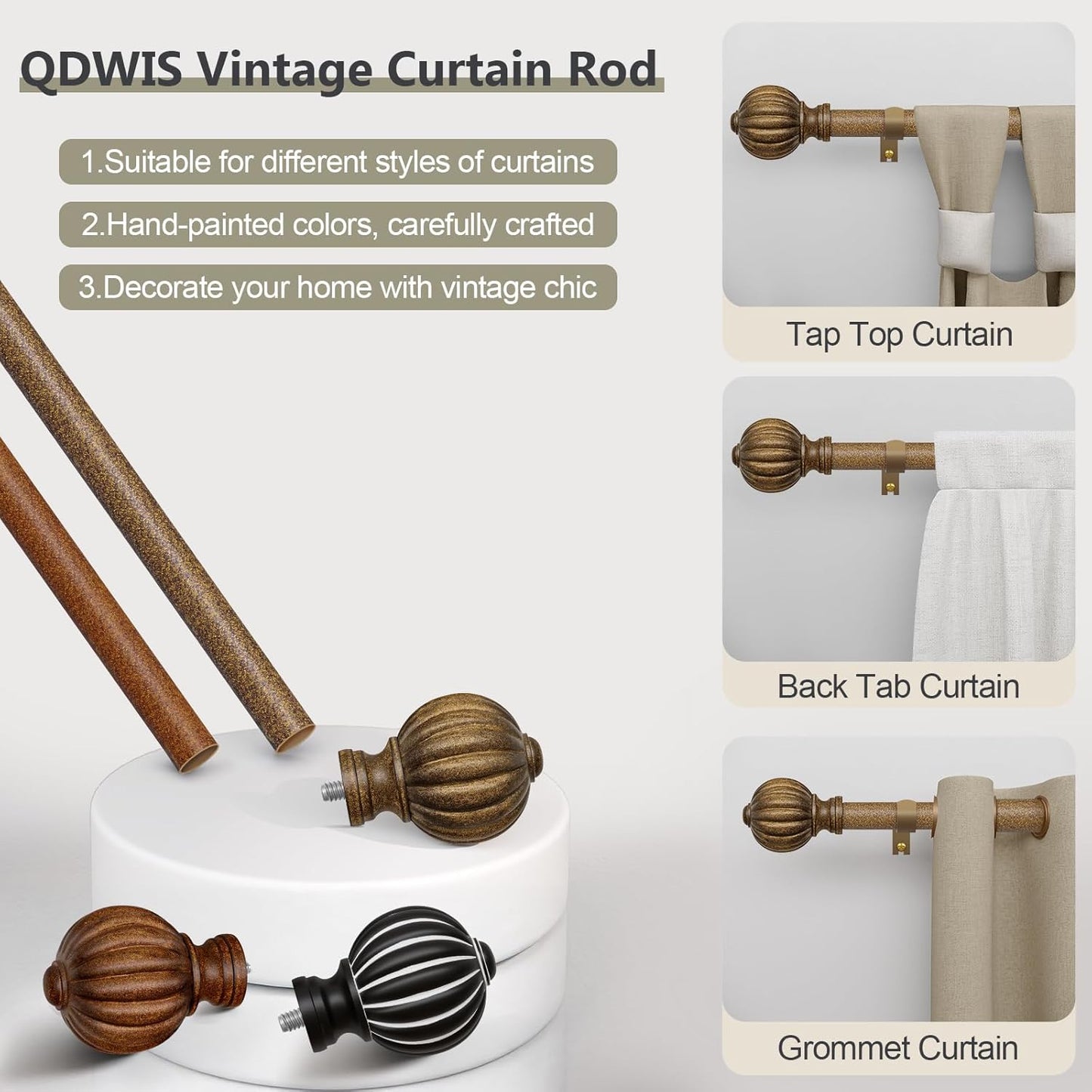 Antiqued Bronze Curtain Rods for Windows 72 to 144 Inch, 1'' Adjustable Heavy Duty Curtain Rod,Vintage Decorative Drapery Rods with Pumpkin Finials for Bedroom Living Room