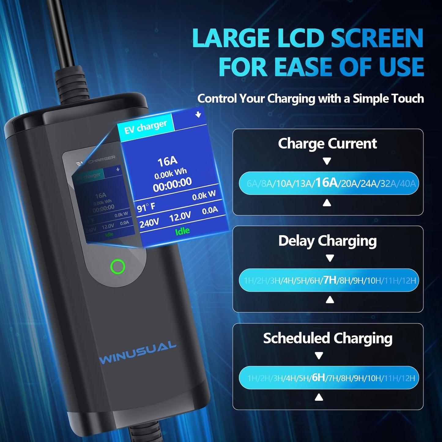 Portable Level 1 and 2 EV Charger,16A 110-240V with Fix Time Charge, 20FT Cable, NEMA 6-20 Plug and NEMA 5-15 Adapter, SAE J1772 EV Electric car Charger, Current Adjustable(NOT for Tesla)