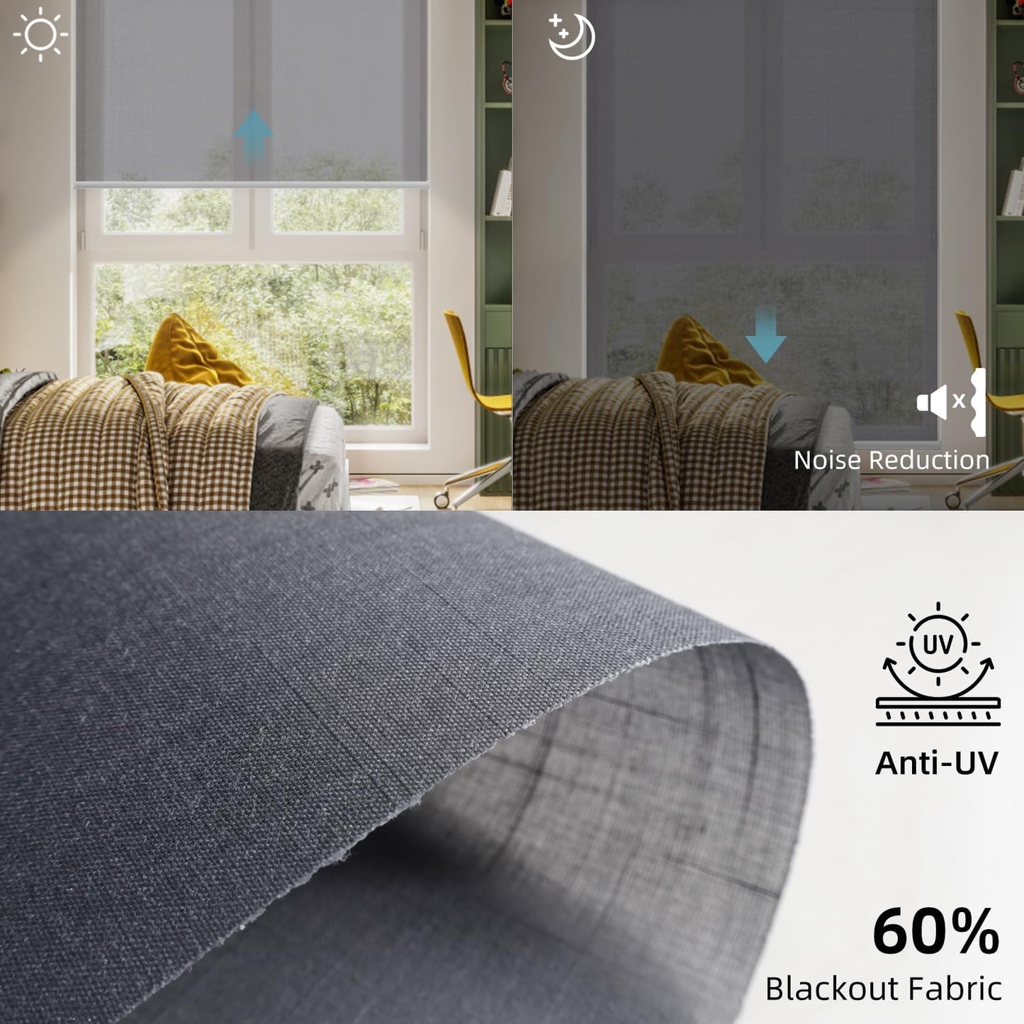 SmartWings Motorized Light Filtering Roller Shades 60% Blackout Work with Matter Homekit Alexa Z-Wave ZigBee SmartThings Google, Cordless with Remote Control, Twilight Heather Grey
