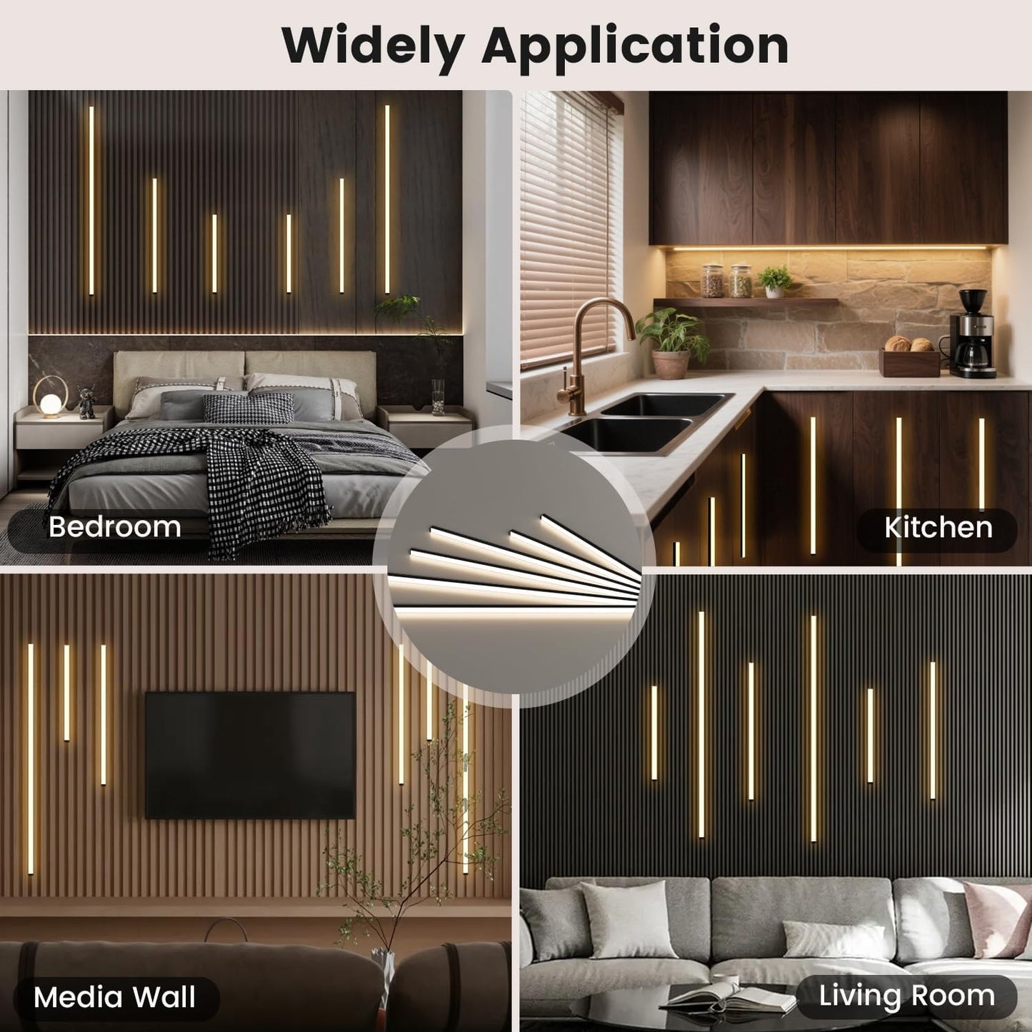 Slat Wall Lights - GloryAir 6pcs Black Adhesive Wall Panel Lights for Interior Wall Decor, Warm White 3000K Touchable Switch LED Lamp for Wood Slat Acoustic Panels, Headboard, Stairway, Home Decor