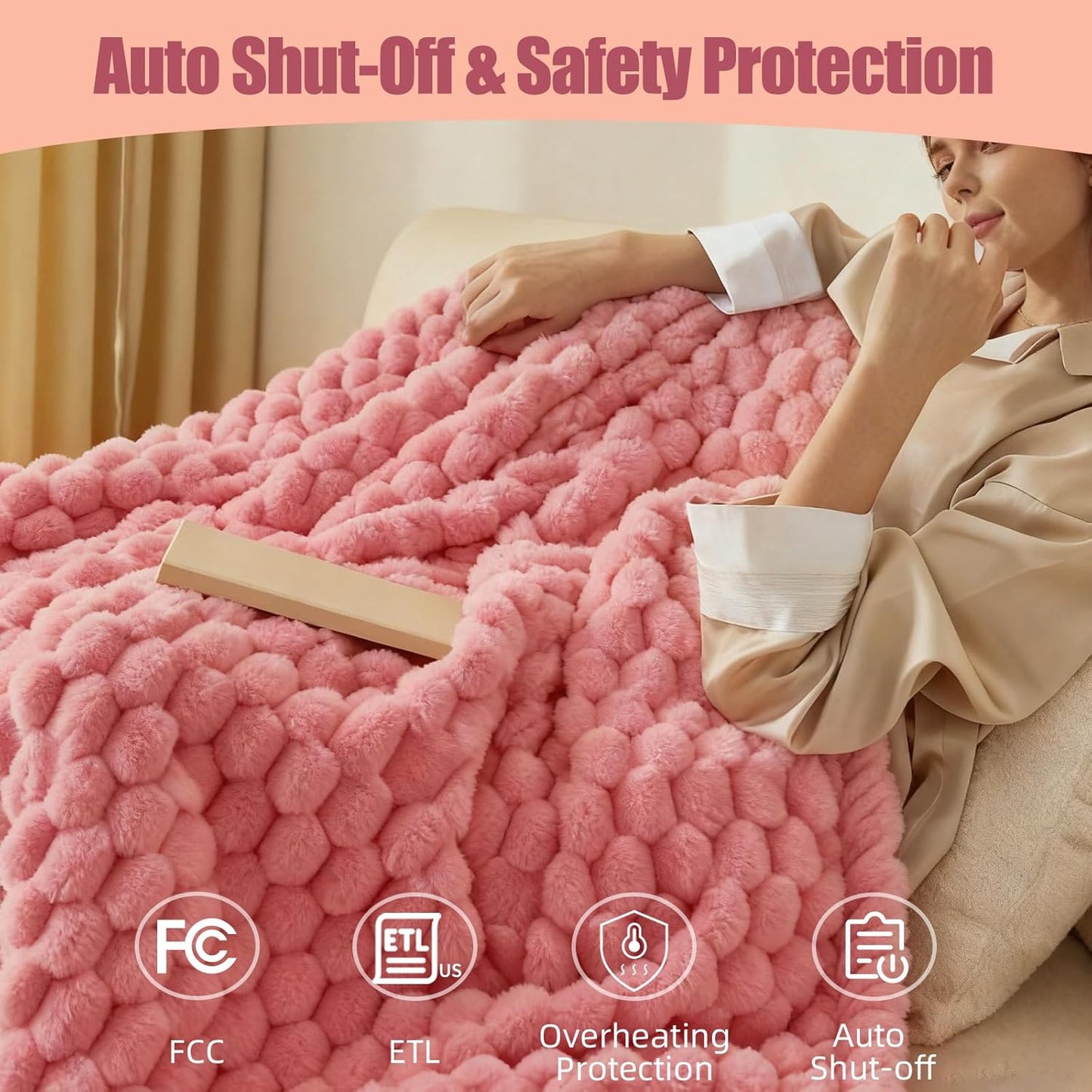 Electric Blanket 50" x 60" Soft Ribbed Faux Fur Flannel Quick Heat 12 Heat Levels 1-12 Hour Timer & Overheat Protection & Auto Shut Off & ETL FCC (Blush Pink, Throw 50" x 60")