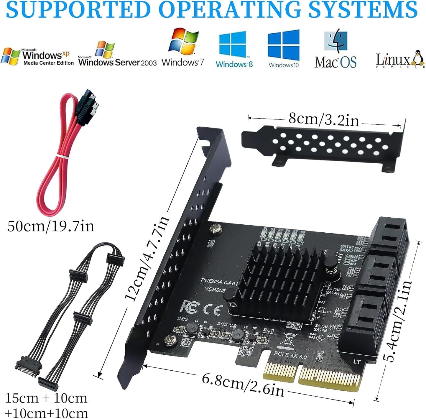 PCIe SATA Expansion Card 6 Ports 4X with ASM1166 Chip - 6Gbps, Gen 3 Controller Adapter, Non-Raid, with 6 SATA Cables & Low - Profile Bracket, Plug and Play for Windows XP/7/8/10, Linux, MAC OS