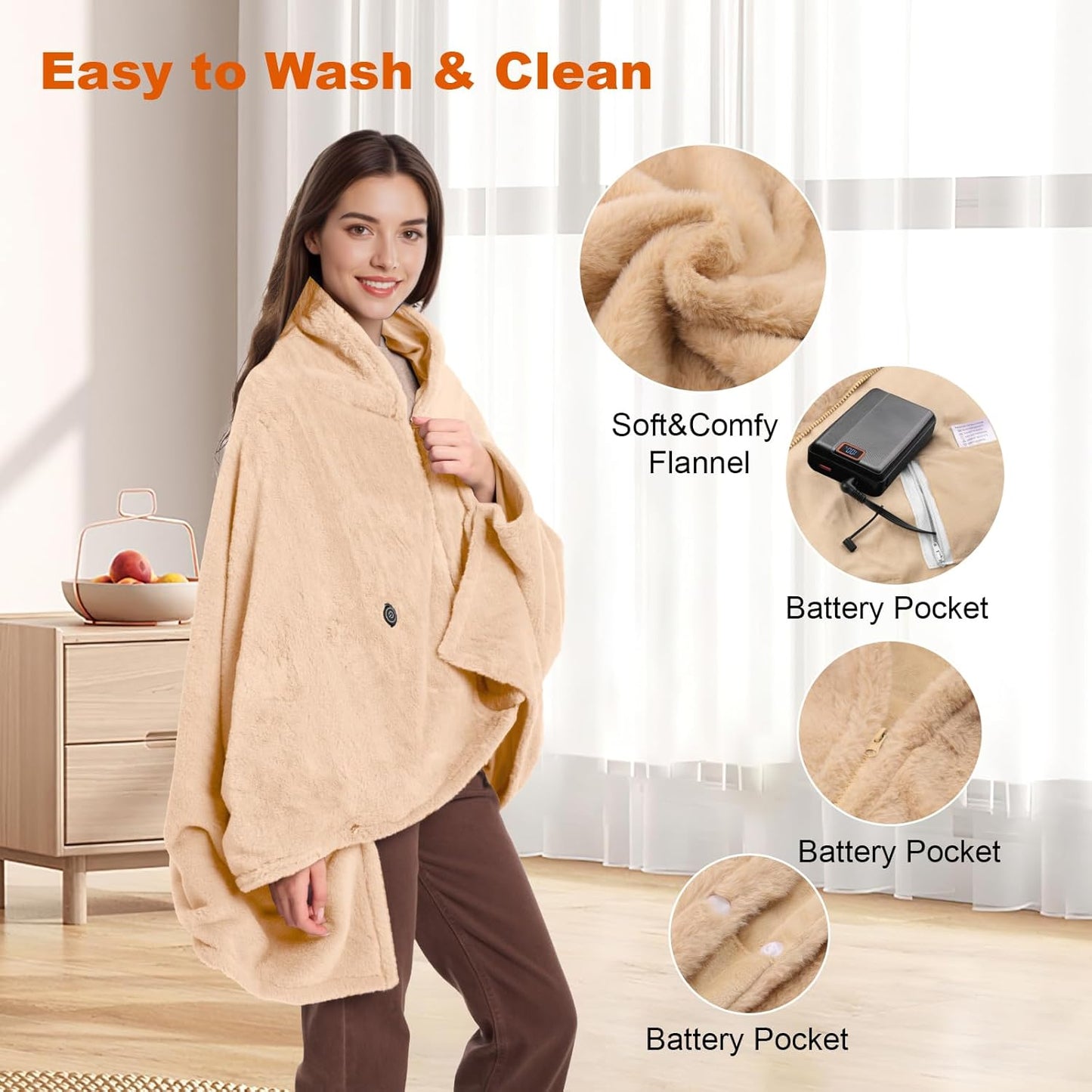 Graphene Heated Blanket Battery Operated, 20000mAh Battery 7.4V Fast Heating Blanket 70''x 35'' Portable Heated Shawl, Cordless Rechargeable Heated Shawl 3 Temperature Settings, Gift for Women (Khaki)