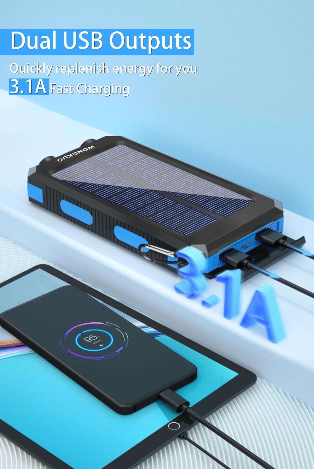 WONGKUO Solar Charger Power Bank - 36800mAh Solar Phone Charger, QC3.0 Fast Charger with LED Flashlight, IP65 Waterproof Portable Power Bank for Outdoor Activities (Blue)
