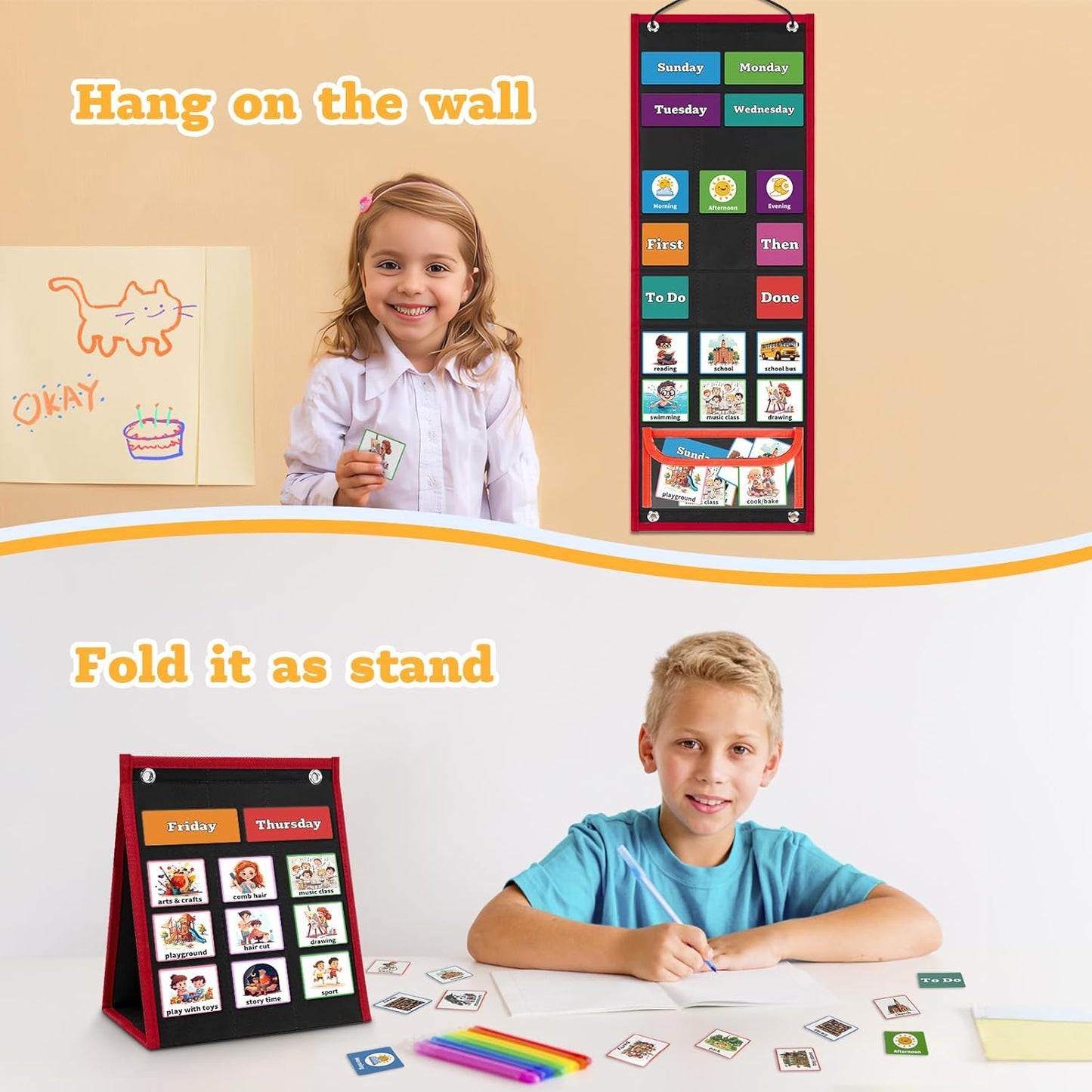 Visual Schedule for Kids Chore Chart,2 in 1 Daily Schedule Board Routine Pocket Chart Cards for Toddlers,Autism Learning Materials Tool Wall Planner for Home School with 103 Cards (Black)