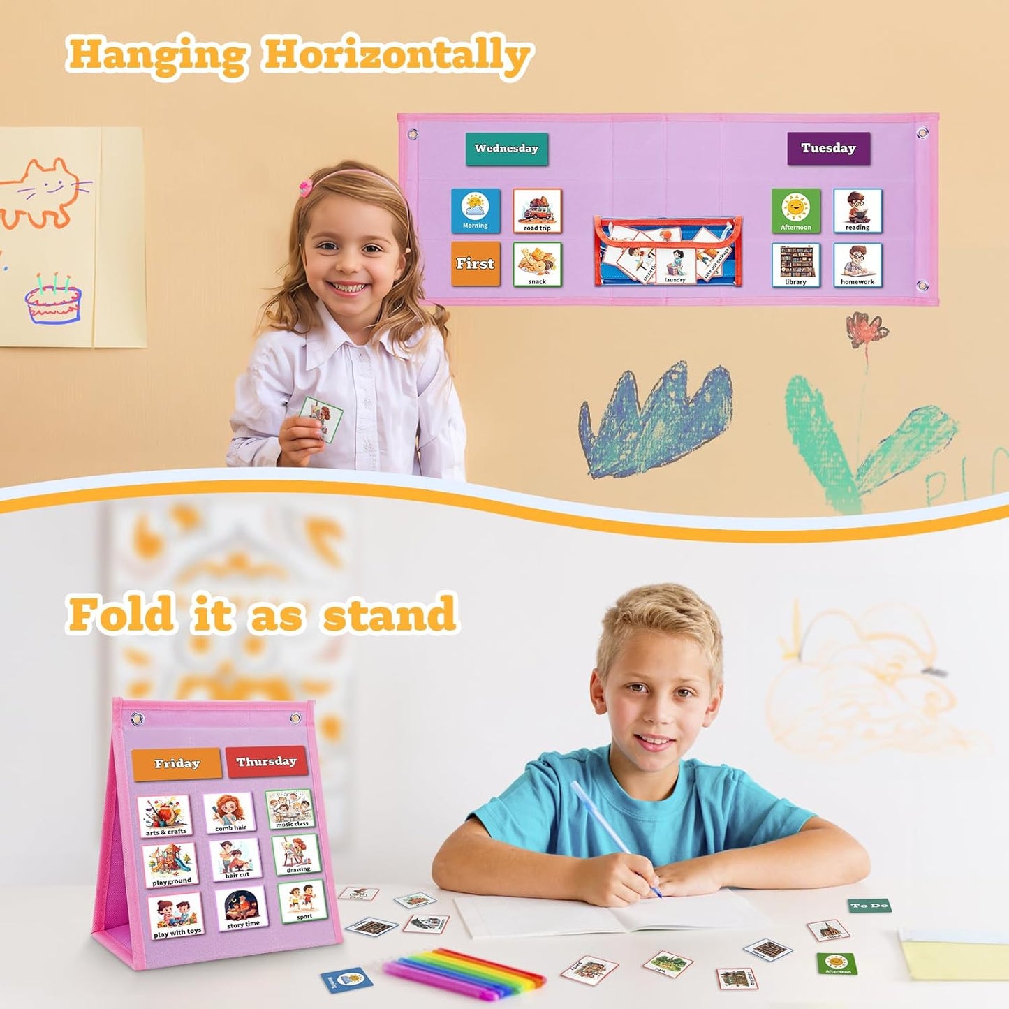 Visual Schedule for Kids Chore Chart,3 in 1 Daily Schedule Board Routine Pocket Chart Cards for Toddlers,Autism Learning Materials Tool Wall Planner for Home School with 103 Cards (Pink)