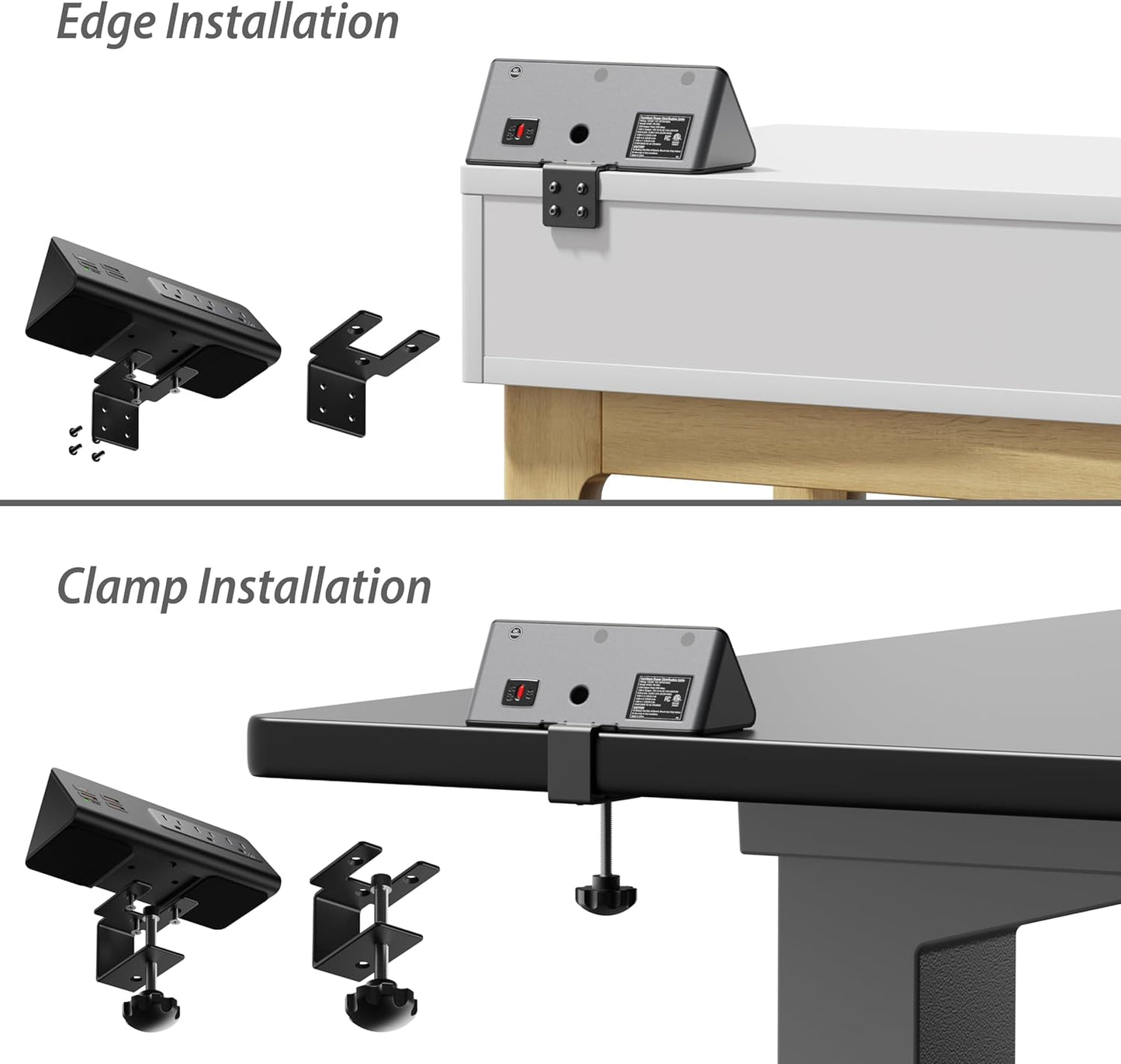 Power charge station edge clamp mount with USB-C portsTabletop Surge Protector Desk Clamp Power Sockets with 3 AC Outlets and 4 Fast Charging USB Ports for Home Office Hotel and Dormitory (Black-2pcs)