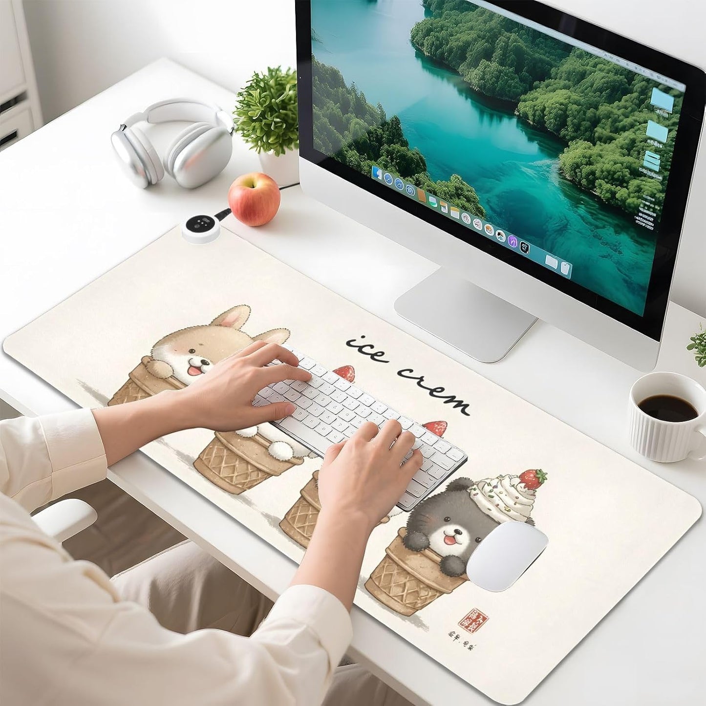 Large Heated Mouse Pad,Leather Desk Mat,31.5"x13",Hand Warmer Pads for Desk,Bunny(Off-White)