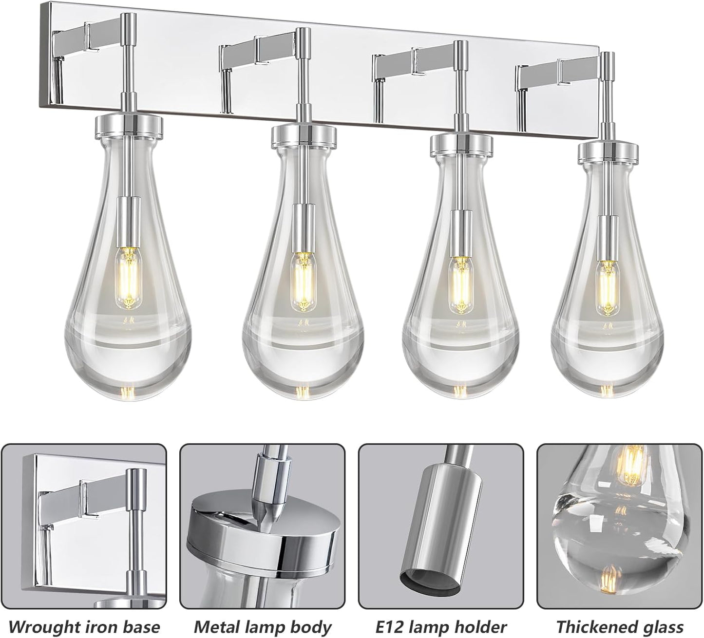 Raindrop Wall Sconces Chrome Crystal Sconces Wall Decor Modern Lighting Glass Bathroom Sconces Indoor Vanity Light Wall Lamp for Bedroom Living Room Stair(4-Light)