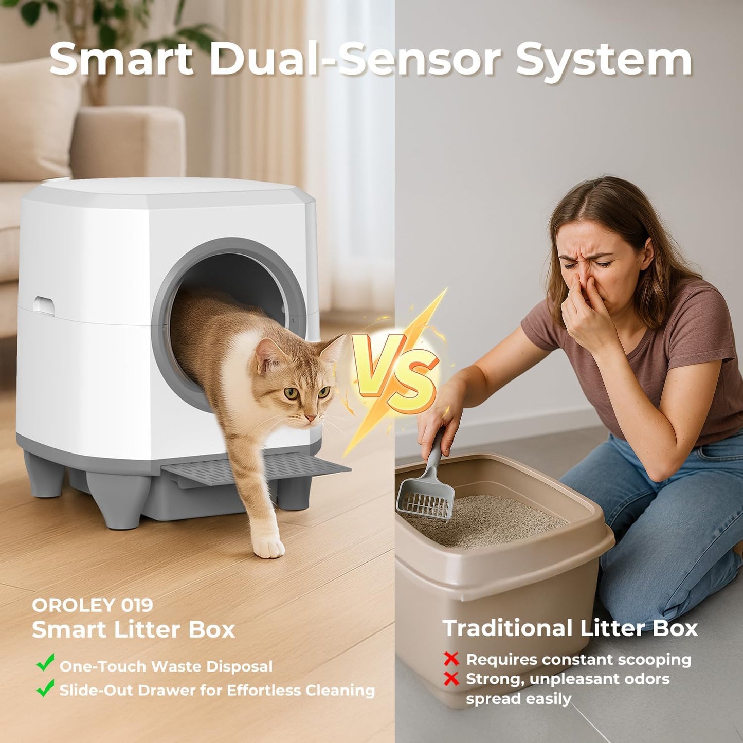 OROLEY Self Cleaning Litter Box, Large Capacity Automatic Cat Litter Box with APP Control, Safety Sensors, Built-in Deodorizing Scent Box, and 1 Roll Garbage Bags ,White
