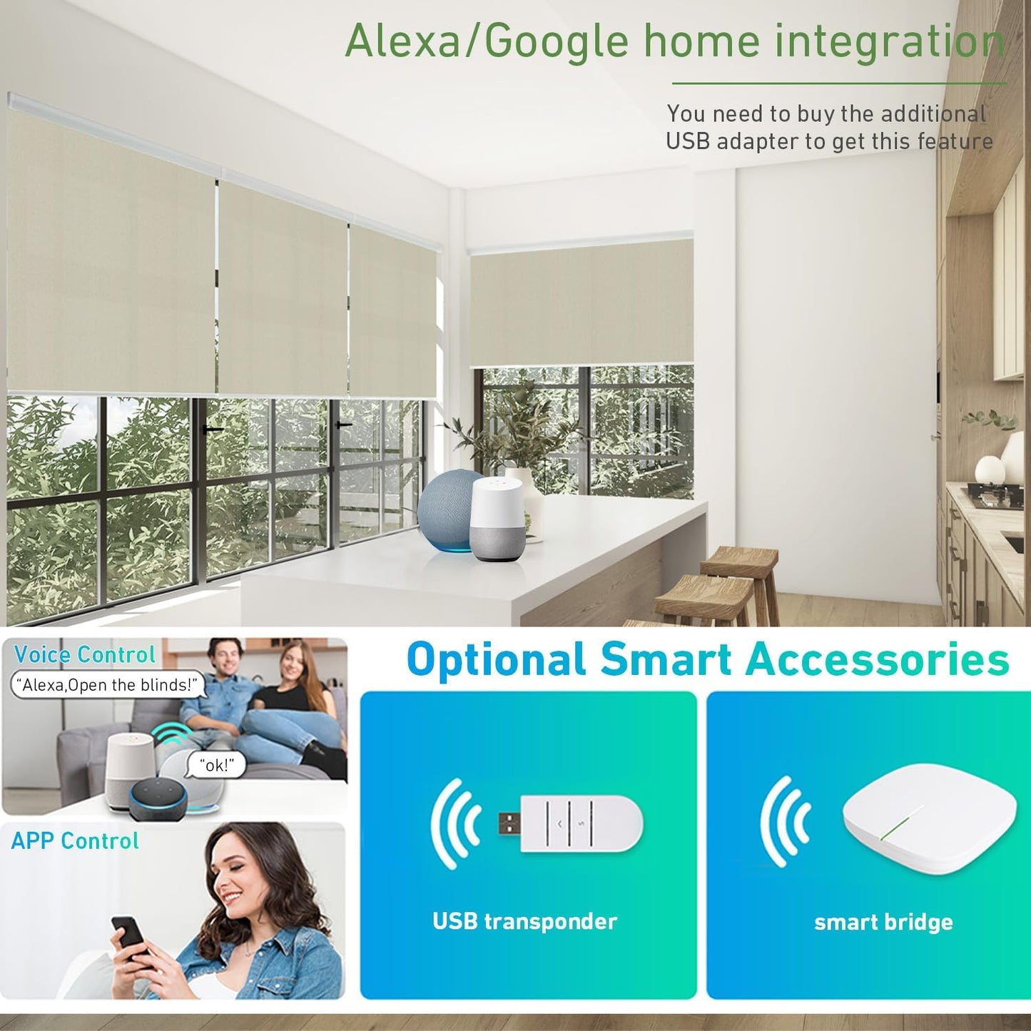5V USB-C Tubular Motor Blinds Kit Retrofit Motorized Roller Blind with Remote Control, Rechargeable Smart Blinds for Windows