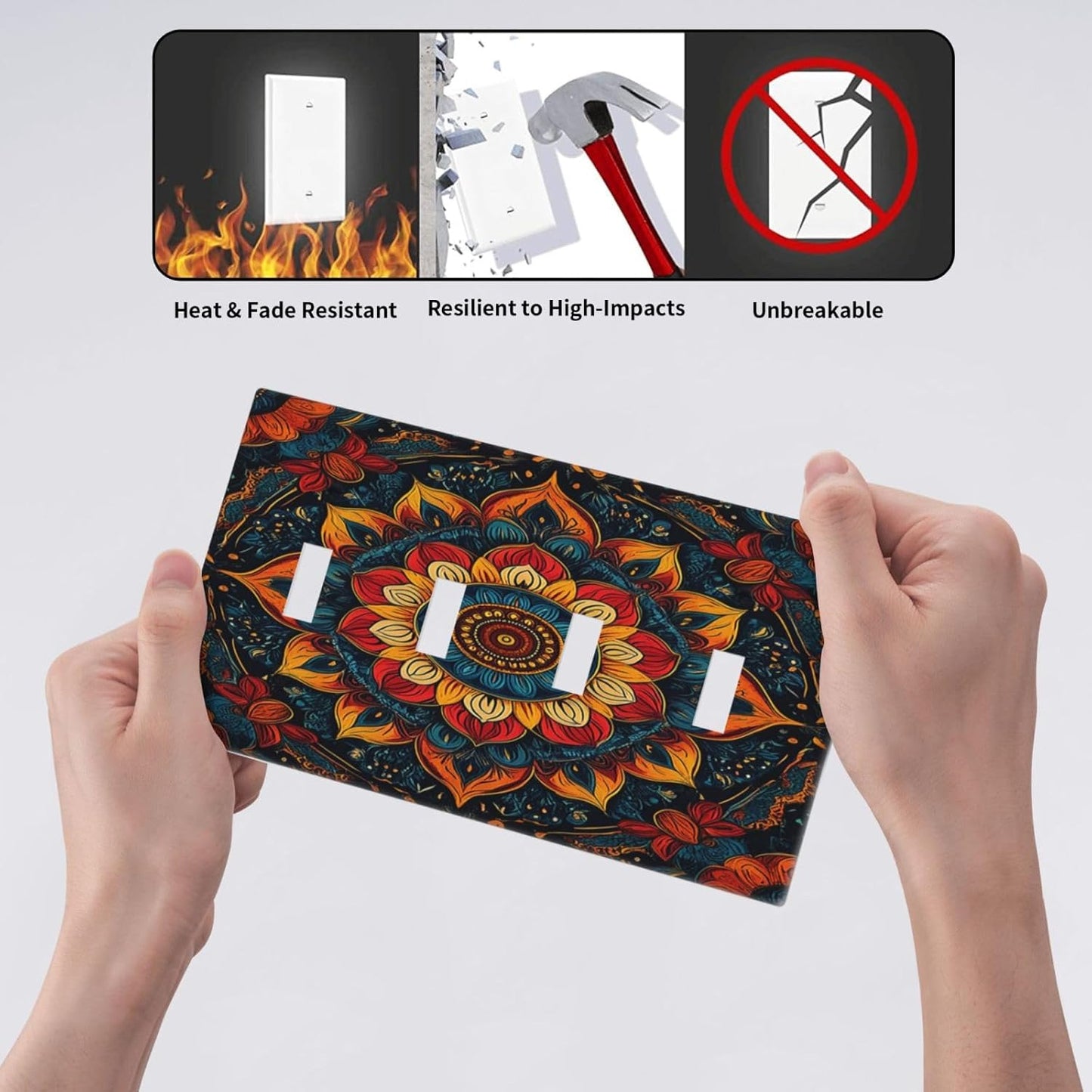 Light Switch Cover Plate Boho Colorful Mandala Quad Toggle Wall Plates Decorative Switch Plates 4 Gang Outlet Covers Electrical Panel Cover Faceplate for Home Decor 4.5 X 8 IN