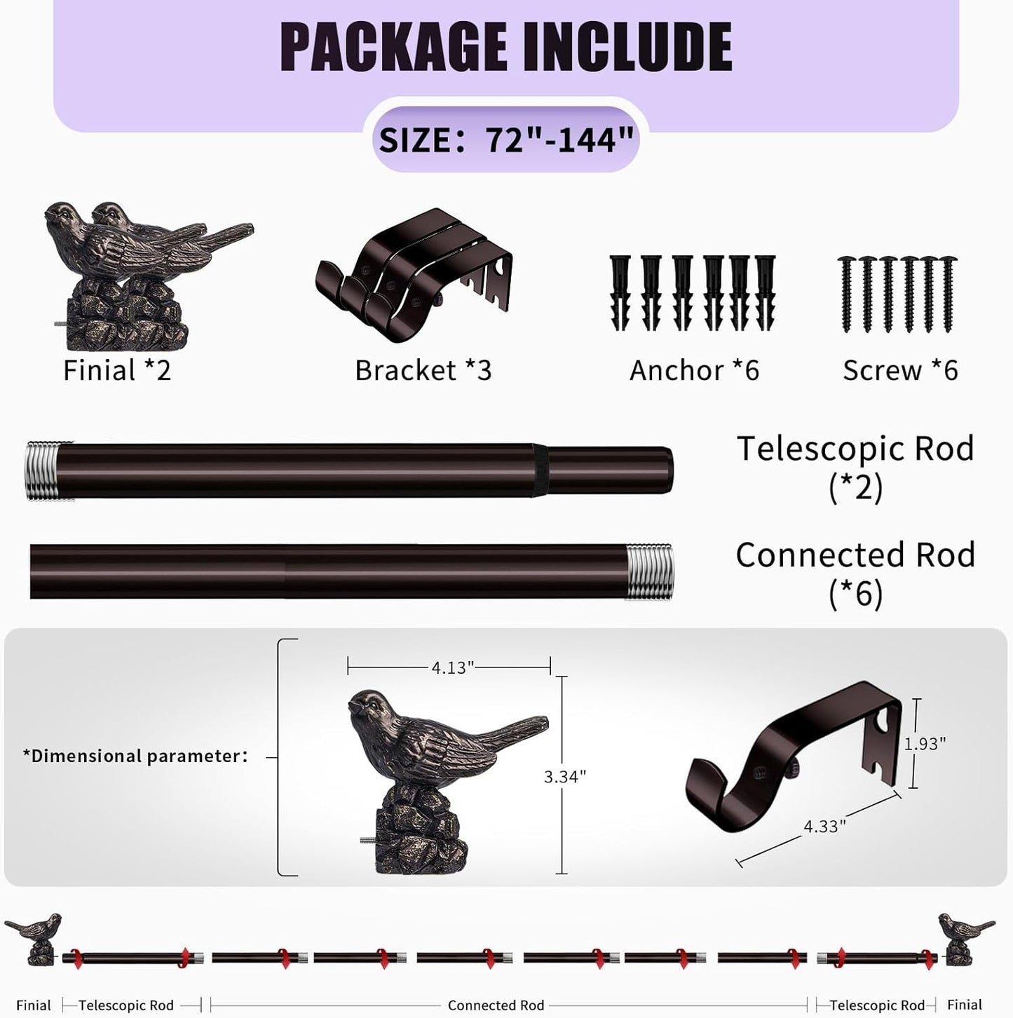 Curtain Rods 72 to 144 Inches Vintage Oil Bronze Curtain Rods for Windows Adjustable Heavy Duty Drapery Rod with Bird Finials for Living Room Bedroom