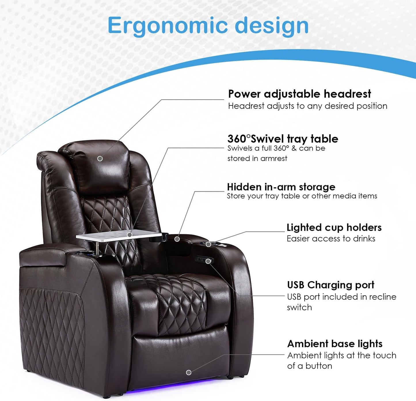 Weilianda Home Theater Seating Top Grain Leather Zero Gravity Recliner Chair Power Headrest Recline Movie Seat Gaming 7 Colors Mood Light Sofa with Tray Table USB Charge Row of 2 Brown