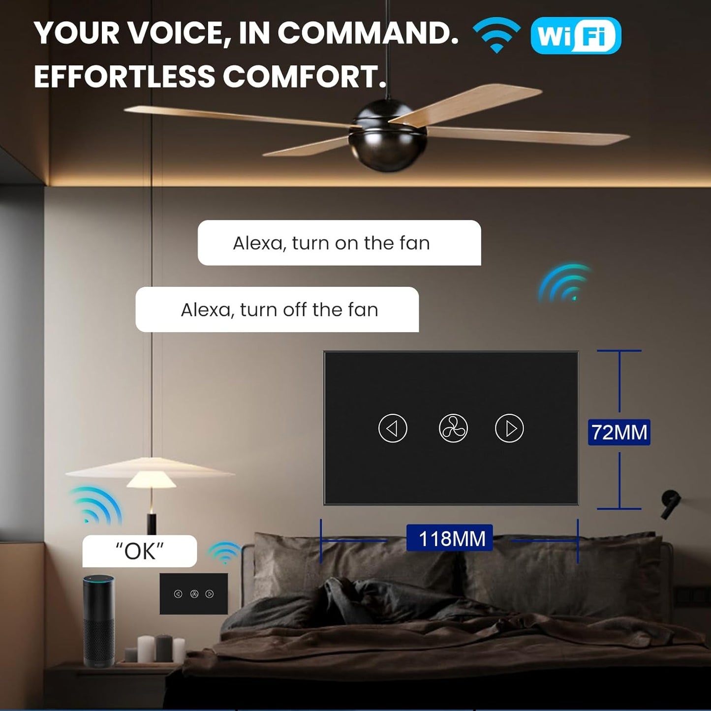 Smart Fan Switch Neutral Wire Required, 2.4GHz WiFi Dimmer Light Switch with Remote Voice Control, Tempered Glass Panel, Compatible with Alexa and Google Home, Black WiFi Fan