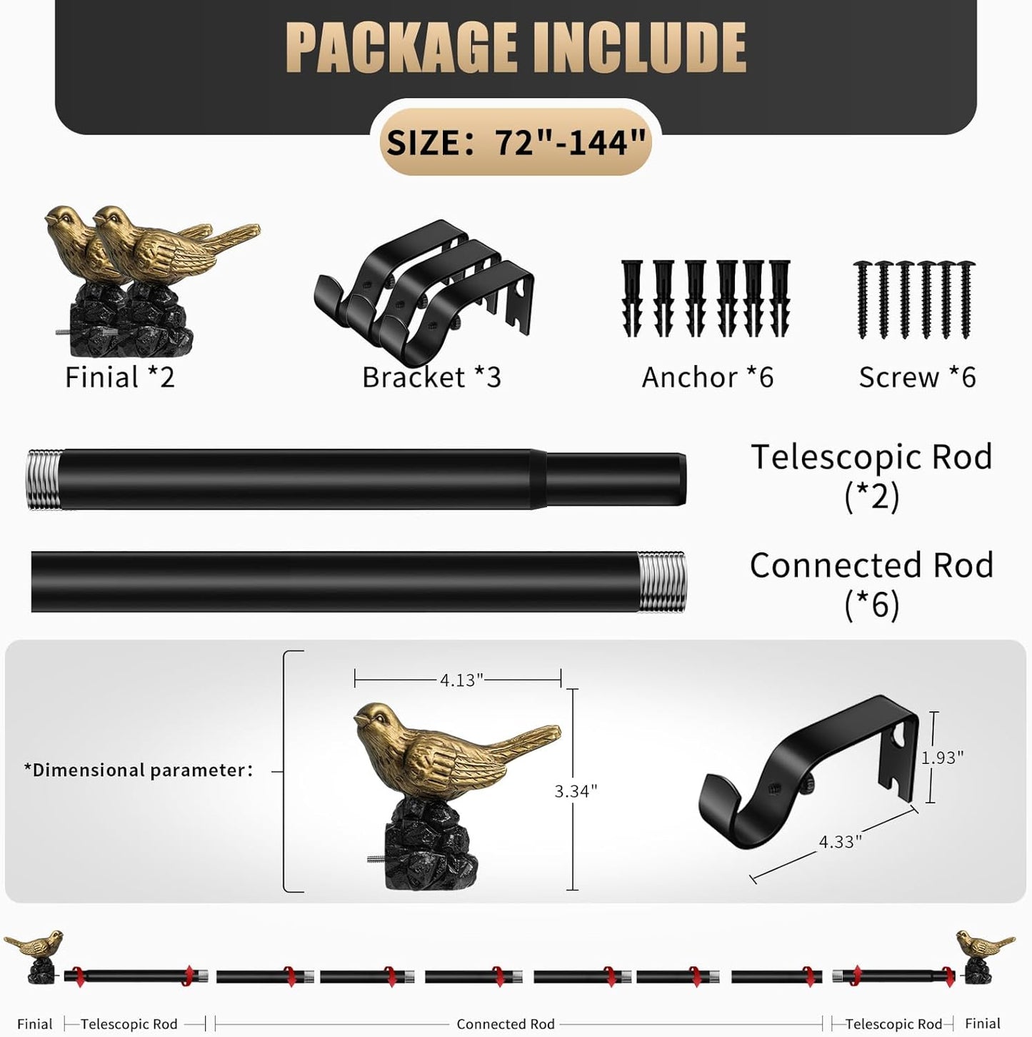 Vintage Gold Curtain Rod 72 to 144 Inches Curtain Rods for Windows Adjustable Heavy Duty Drapery Rod with Bird Finials for Living Room Bedroom
