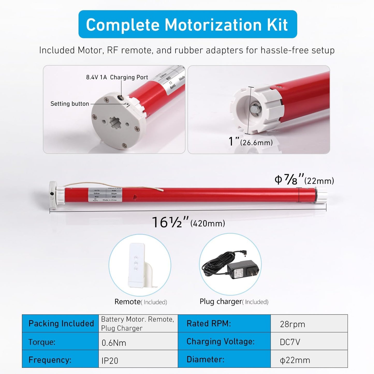 Rollerhouse 28mm(1-1/8 Inches) Round Tube Battery Roller Shade Motor Kit with Remote Control for Electric Window Blinds