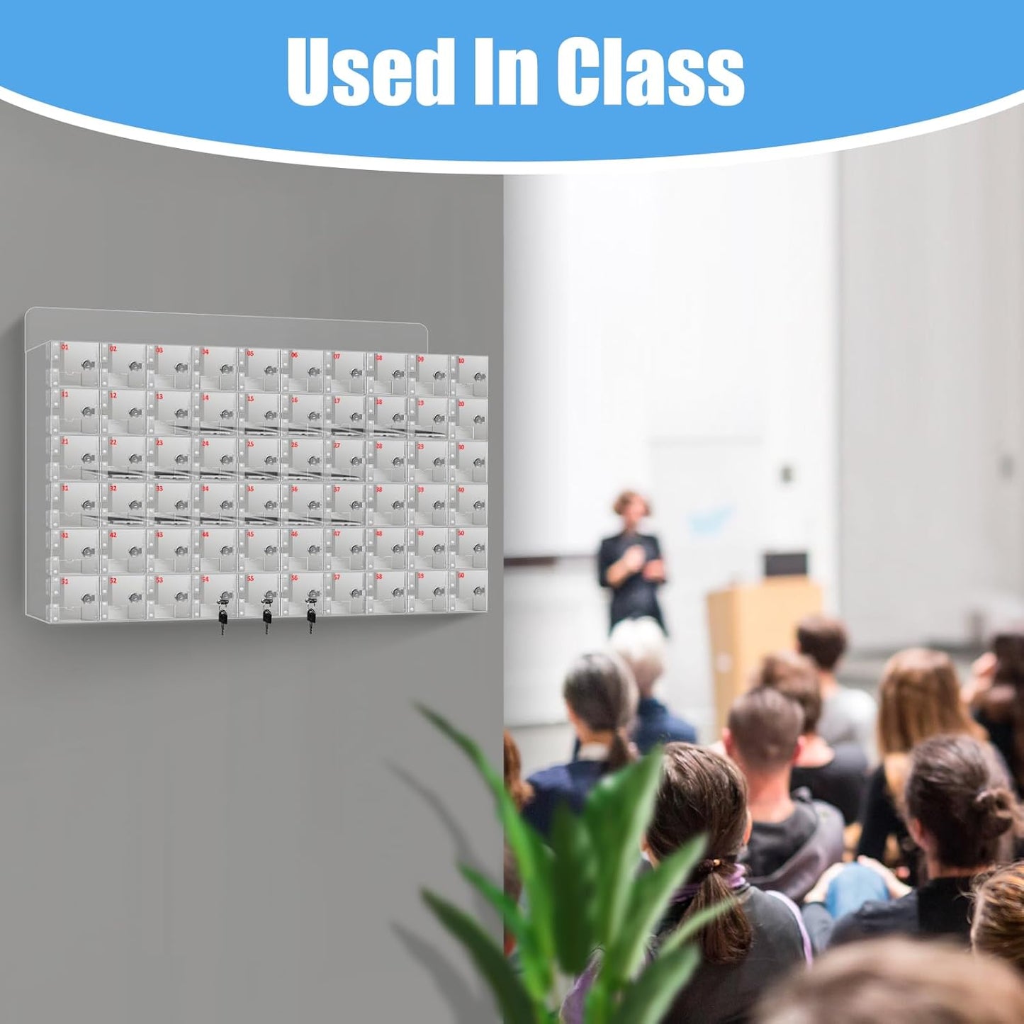 Cell Phone Storage Locker 60 Slots Acrylic Material with Door Locks and Keys, Wall-Mounted Cell Phone Storage Cabinet for Office Classroom Gym Firms, Lockers for Storage, Clear (Large 60 Slots)