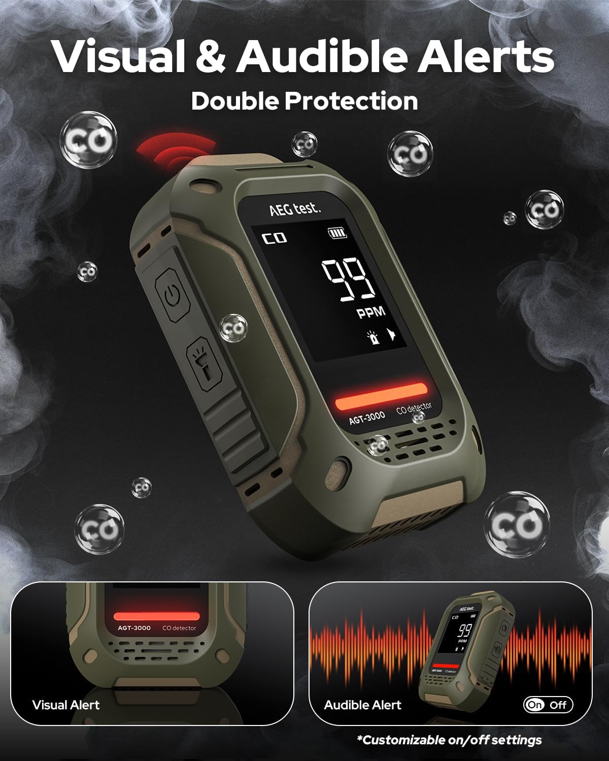 AGT-3000 Portable Carbon Monoxide Detector, 240H Standby, Upgraded CO Sensor for Travel, Rechargeable CO Detector with Audible & Visual Alerts, CO Meter for Camping, 0-1000ppm