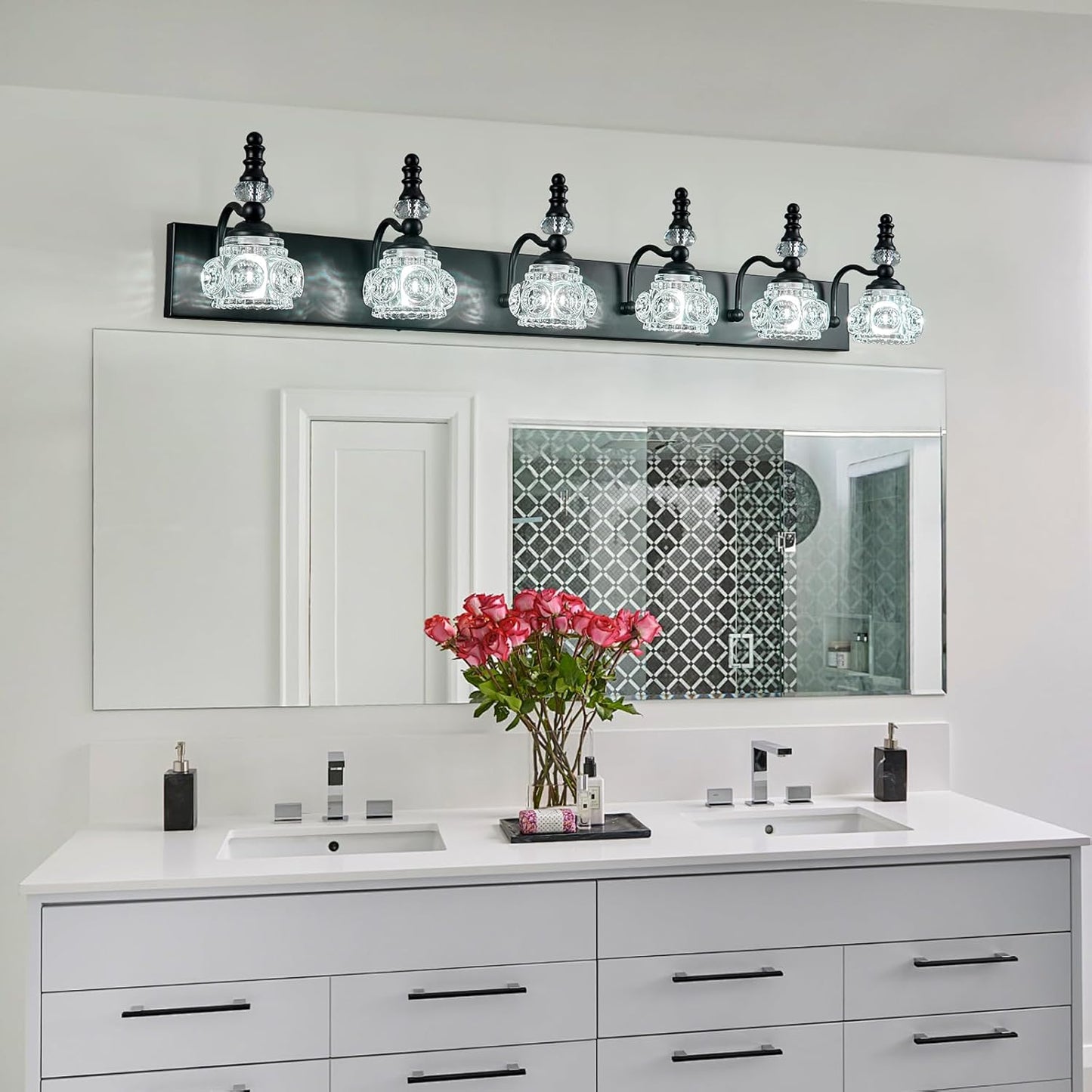 Modern Crystal Bathroom Vanity Light Black Vintage Bathroom Light Fixtures 6-Lights Glass Crystal Vanity Lights