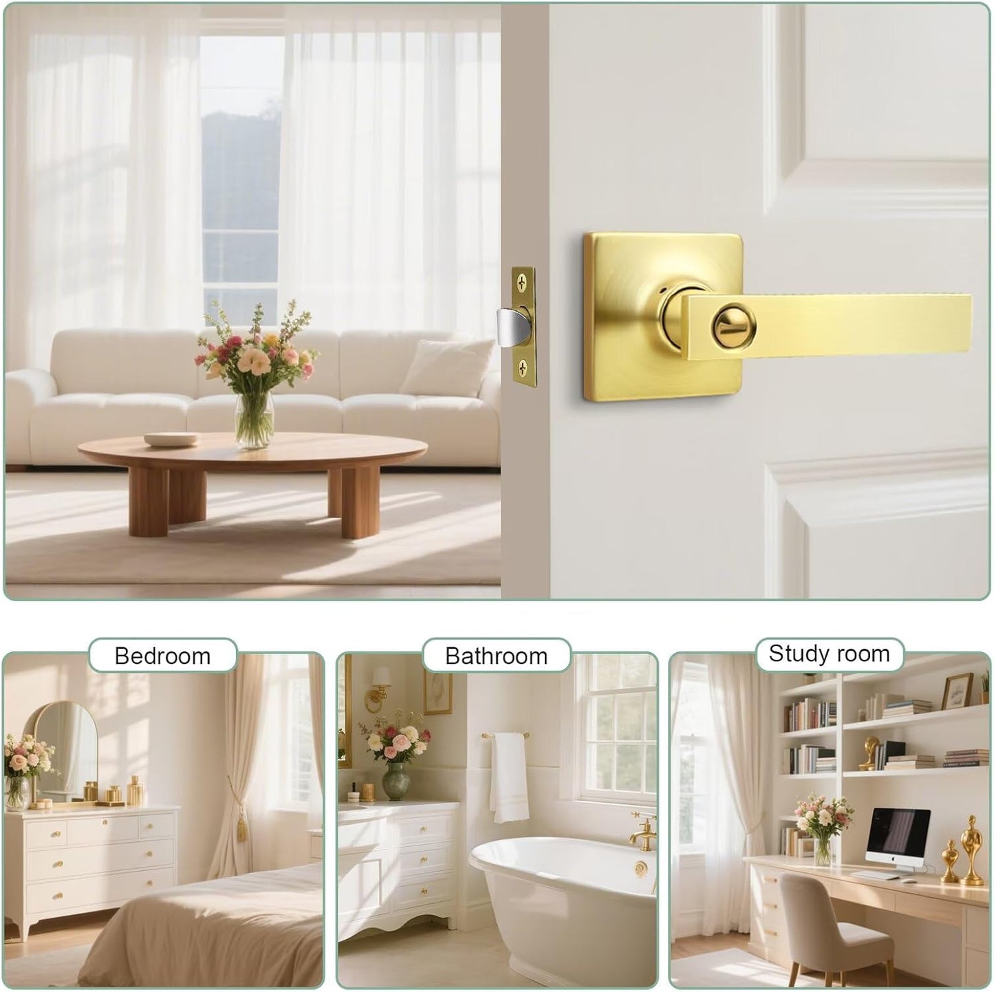 GOBEKOR 1 Pack Gold Door Handles Interior,Heavy Duty Privacy Door Levers with Lock,Sleek Round Interior Door Handles for Bedroom and Bathroom with No Key