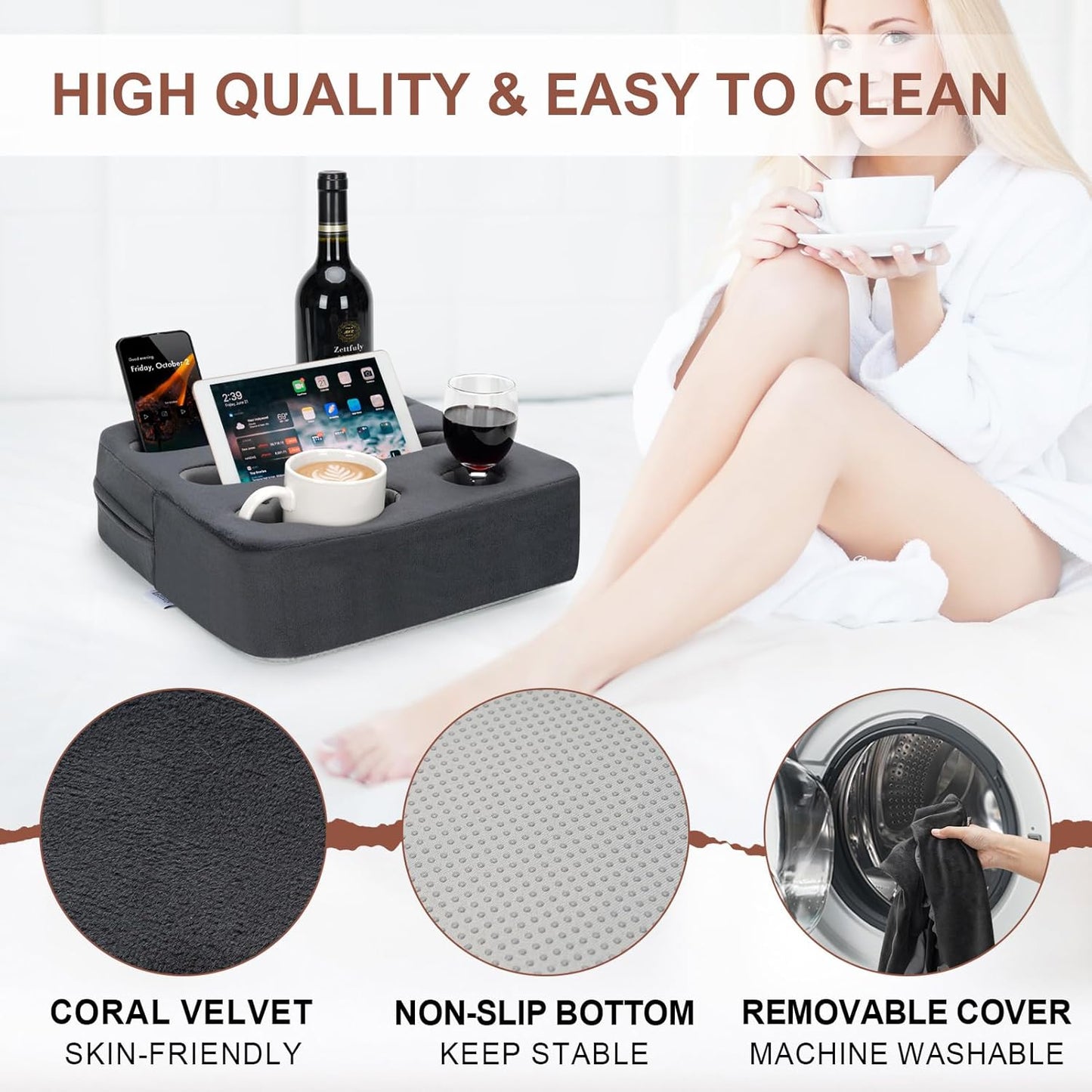Couch Cup Holder Pillow - Sofa Cup Holder | Couch Caddy, Couch Drinks Remotes Holder for Cups, Headphones, Snacks, and Phones | Use it on Car, Pack, Beach, RV, and More(Grey)