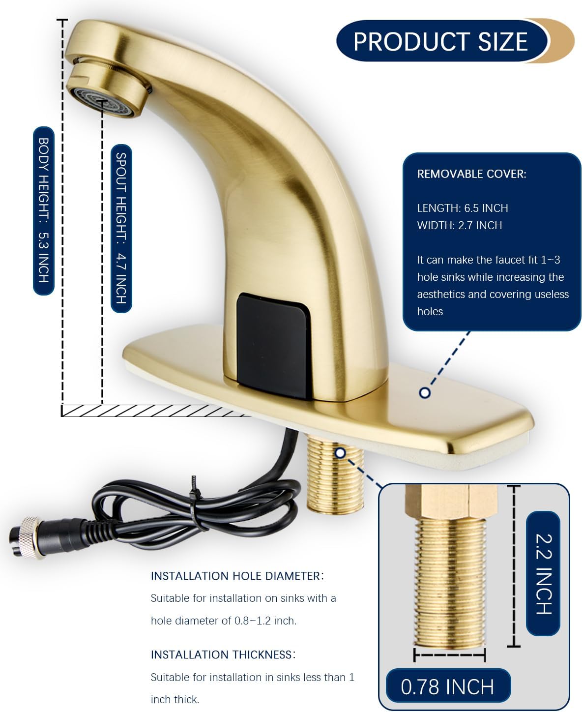 Touchless Bathroom Sink Faucet,Automatic Motion Sensor Faucets with Deck Plate for Commercial Lavatory Gold Plated