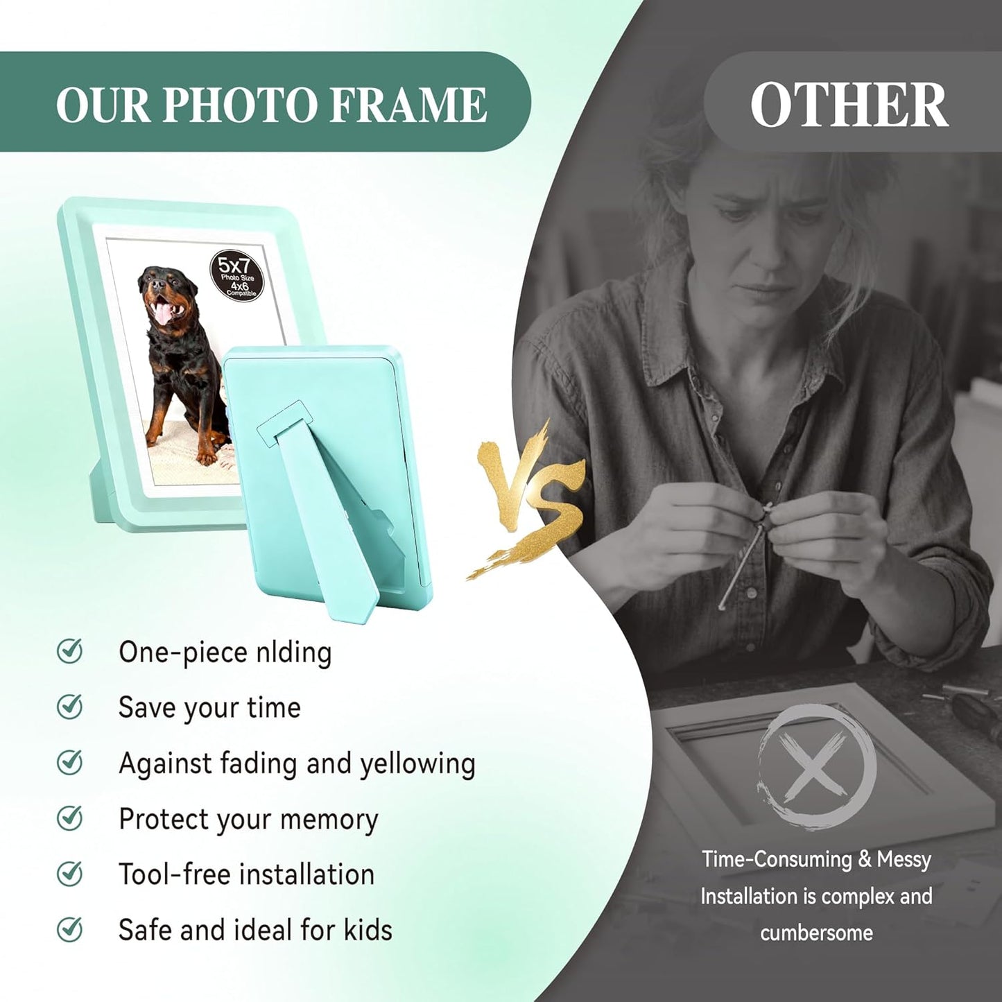 Green 5x7 Picture Frame with Acrylic Front, ABS Frame for 5x7 or 4x6 Photos, Shatterproof UV-Resistant Tabletop Photo Frame, Vertical/Horizontal Display for Home Décor