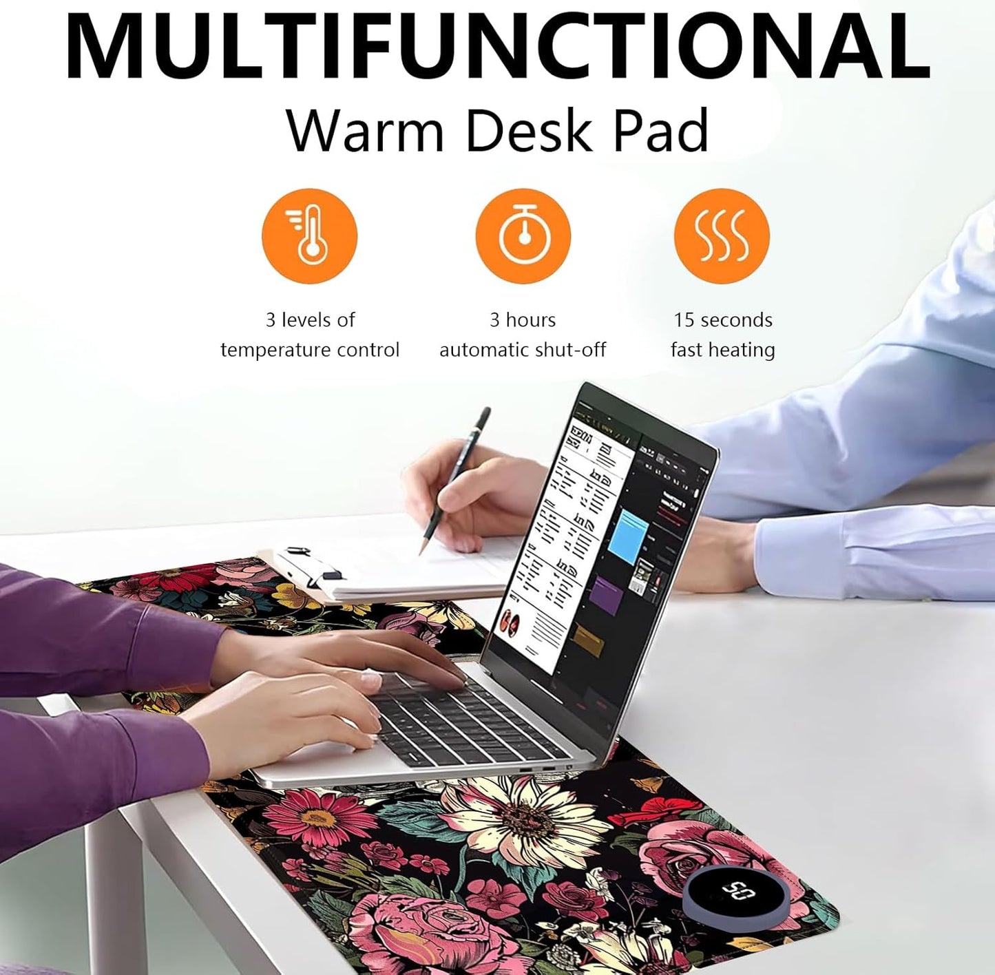 Heated Mouse Pad with 3 Levels Heated & 3 Hours Auto Shut-Off Mouse Pad for Warming Hands in Office Home, 31.5" x 13"Large Safe Desk Mat Hand Warmer,Skull in Flowers