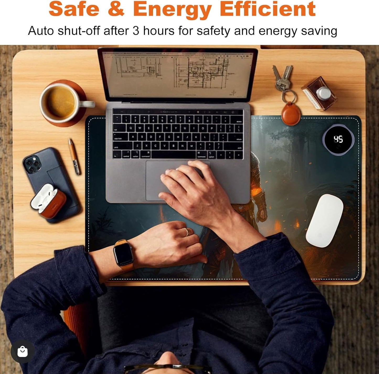 Small Heated Desk Pad 23.6" x 14.2" – Compact Electric Mouse Pad with 3 Heating Levels, Auto Shut-Off, Waterproof PU Surface, Plug-in Warmer for Office or Home Use, Fire Warrior