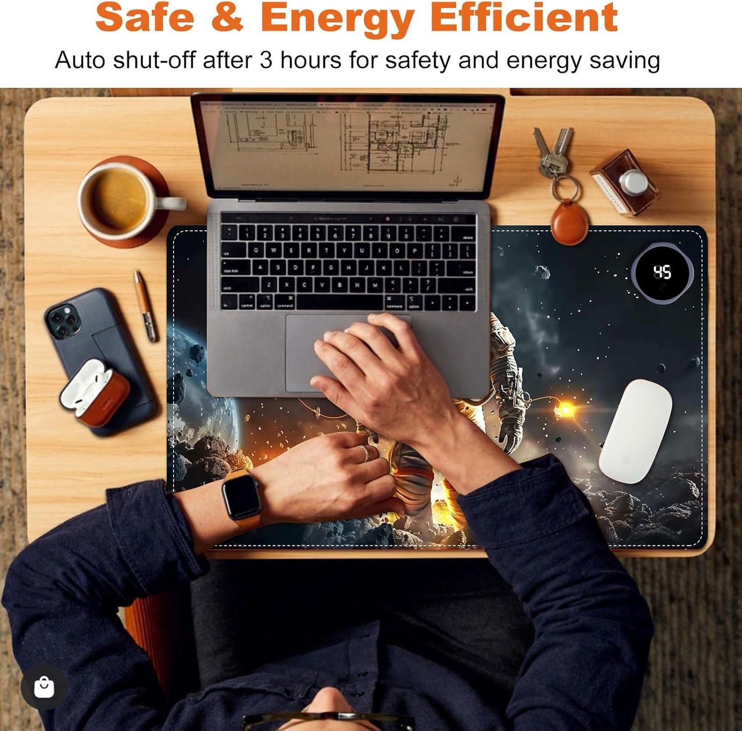 Small Heated Desk Pad 23.6" x 14.2" – Compact Electric Mouse Pad with 3 Heating Levels, Auto Shut-Off, Waterproof PU Surface, Plug-in Warmer for Office or Home Use, Astronaut