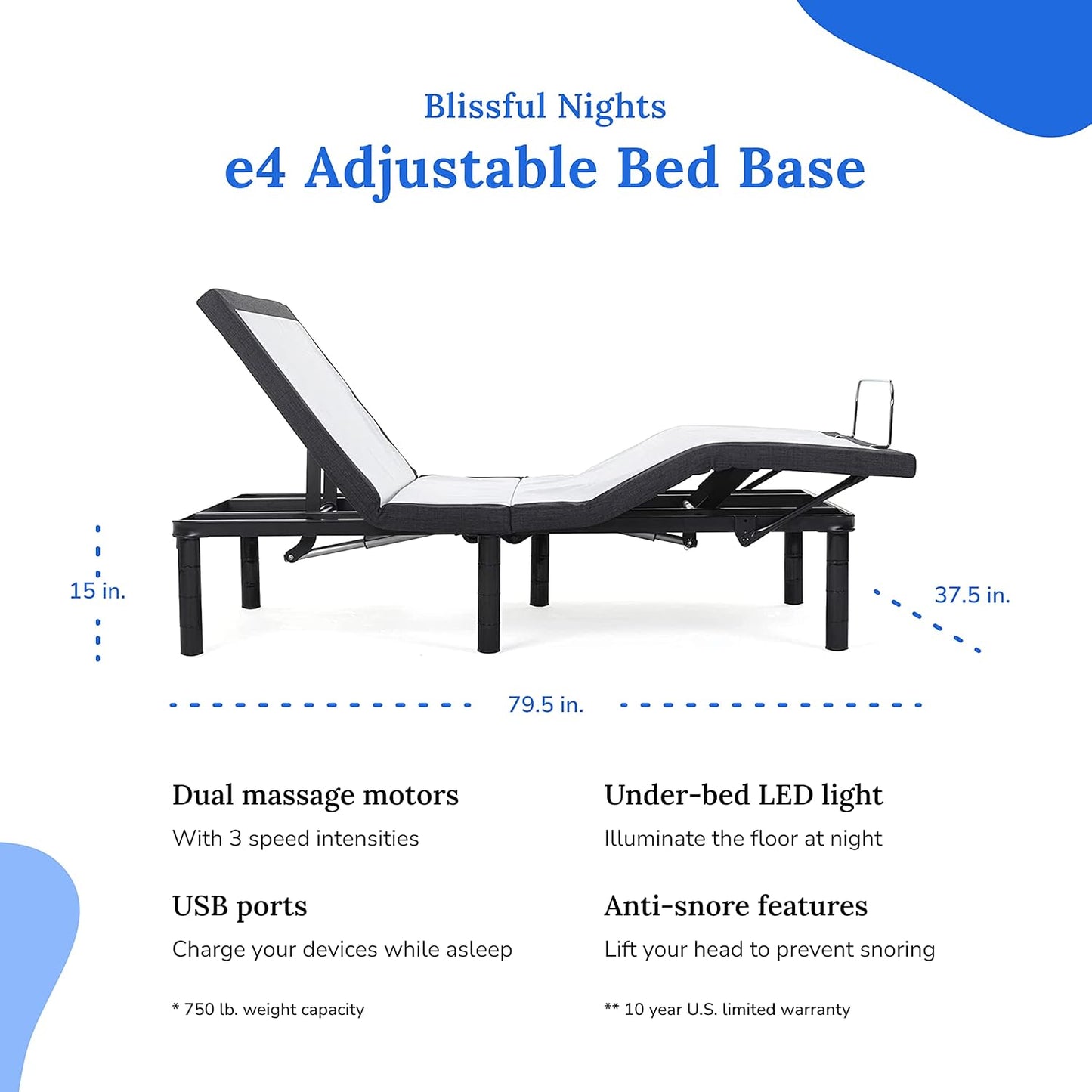 Blissful Nights e4 Split King Adjustable Bed Base Frame with 10" Medium Firm Gel Infused Memory Foam Mattress