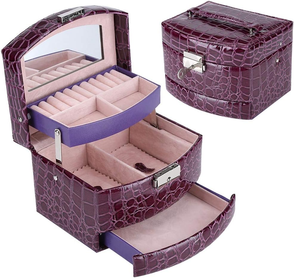 Portable Jewelry Box Organizer, Multi Layer Storage Case for Rings Earrings Necklaces, Purple PU Leather Jewelry Organizer with Mirror, 3 Drawers Travel Jewelry Box for Women Girls