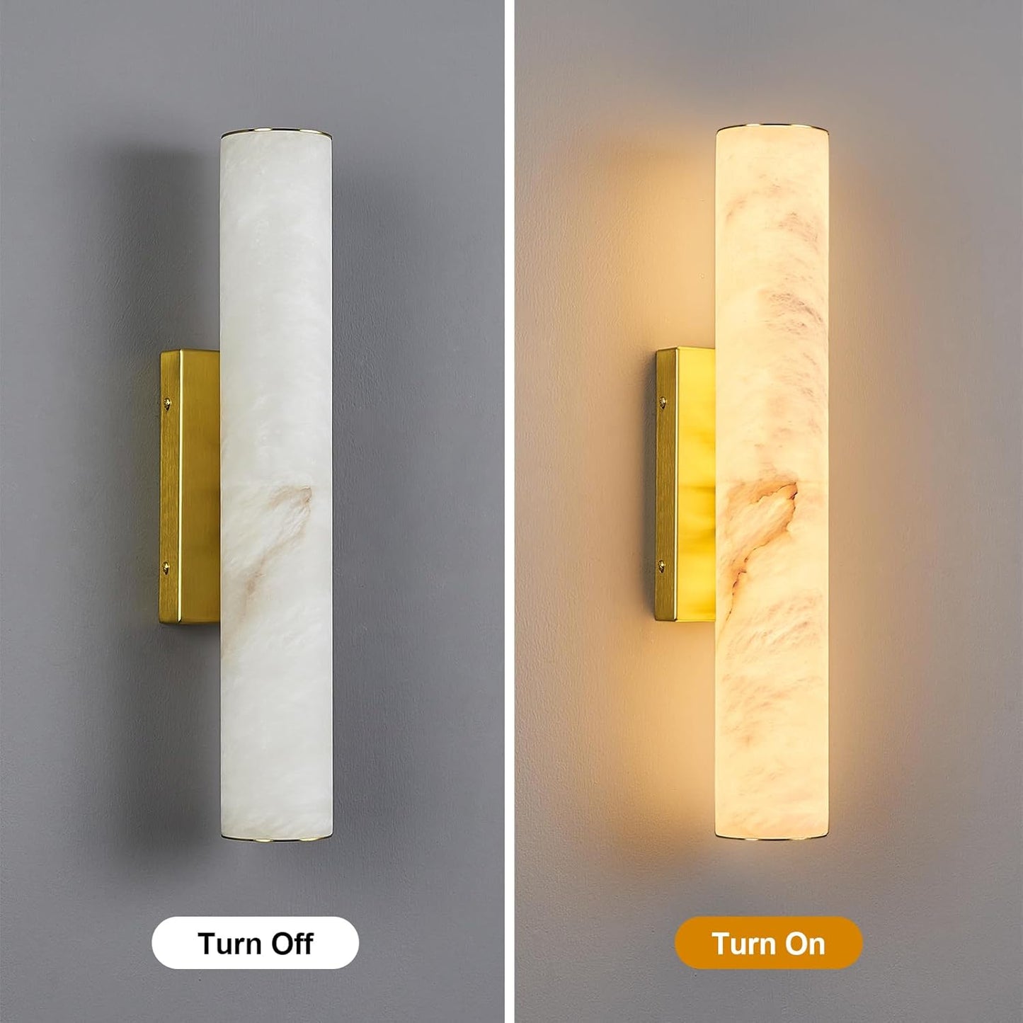 LMQNINE Natural Alabaster Wall Sconces Set of Two Spanish Marble Wall Light Cylinder Modern Gold LED Sconce for Living Room Bedroom Bathroo Stairs(S-2Pack)