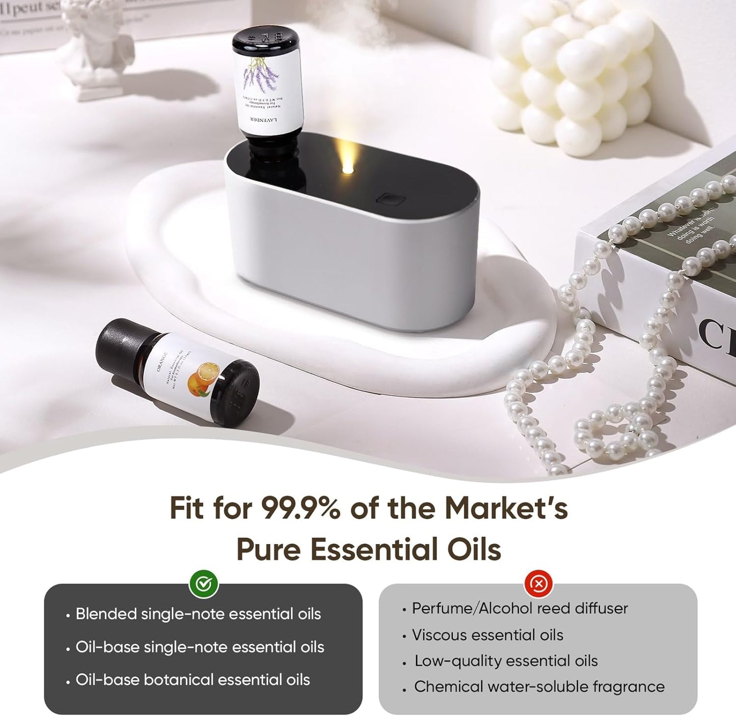 Waterless Diffuser for Essential Oil, Battery Operated Scent Air Aromatherapy Diffuser, Mini Aroma Diffusers with 3 Intermittent Mist Modes, Cycle Start for Home Office Bedroom - Silver
