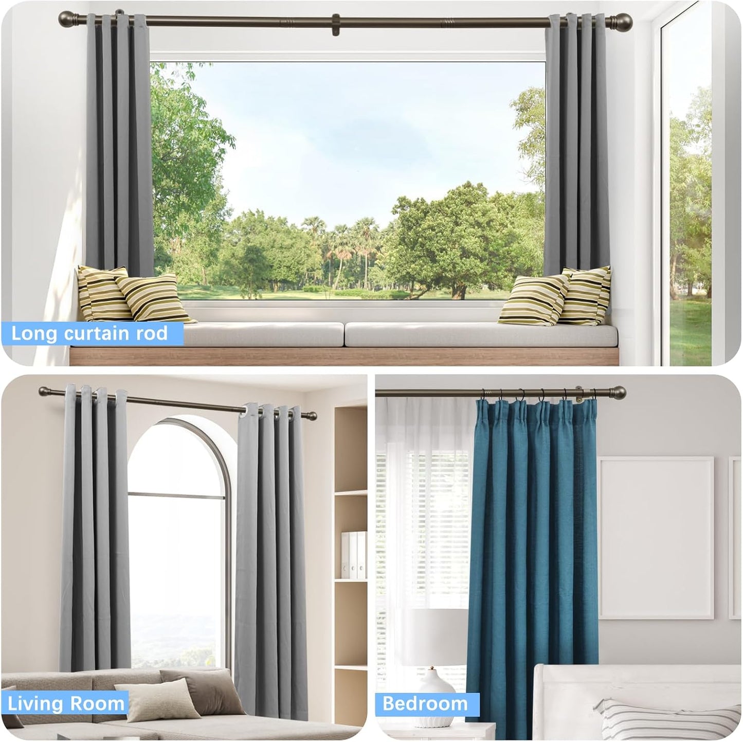 Curtain Rods for Windows 16 to 120 Inches, Curtain Rod Max Adjustable Length of 132 IN, 6/8" Diameter Drapery Rods Round Finials, Brown, Pack of 1