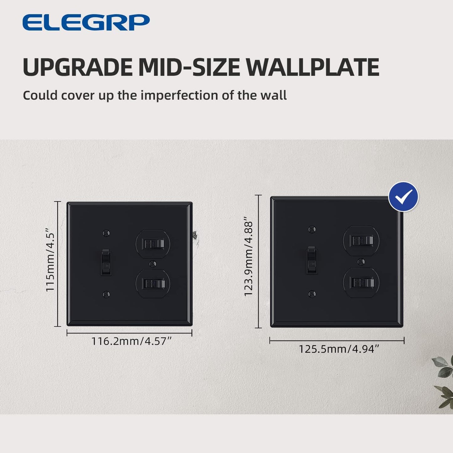 Combination Wall Plate ELEGRP 1-Toggle Light Switch 1-Duplex Receptacle Outlet Combination Wall Plate Cover, Mid-Size 4.88" x 4.94" Unbreakable Thermoplastic Faceplate Cover, UL Listed (2 Pack, black)