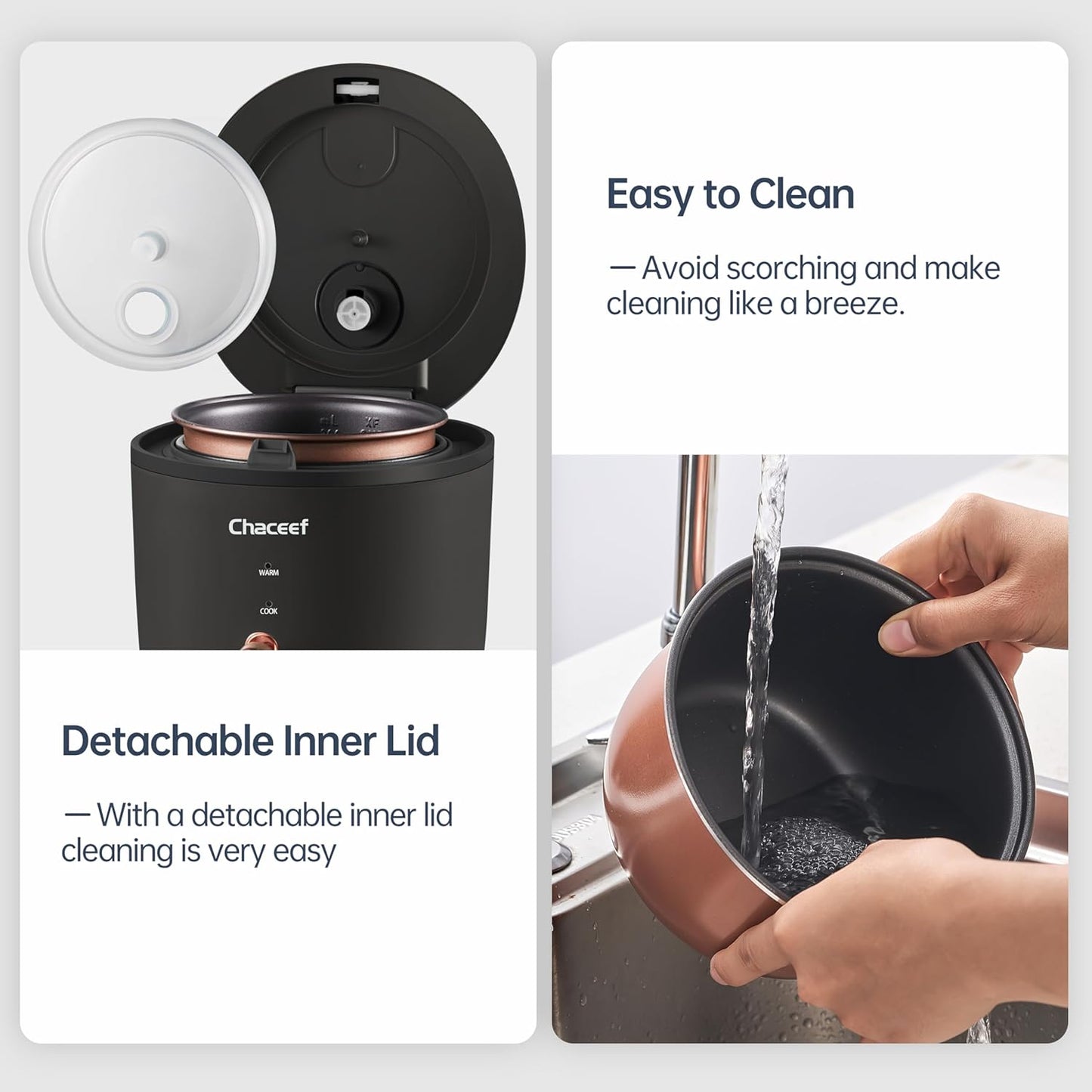 CHACEEF Mini Rice Cooker 2 Cups Uncooked, 1.2L Rice Cooker Small with Non-stick Pot, Portable Travel Rice Maker with One Touch & Keep Warm Function,White Rice, Brown Rice, Oatmeal, Black
