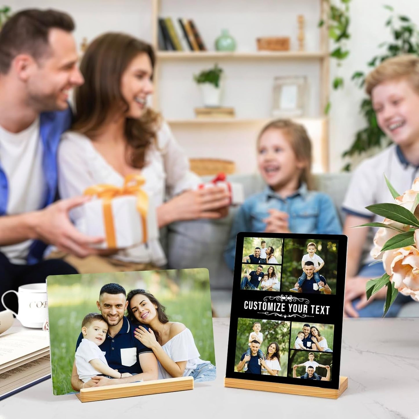 Custom Photo Prints - Metal Desktop Picture Frame with Photos & Name & Wooden Base Personalized Gifts for Family Friends Lovers and Pets, Optional Multiple Sizes