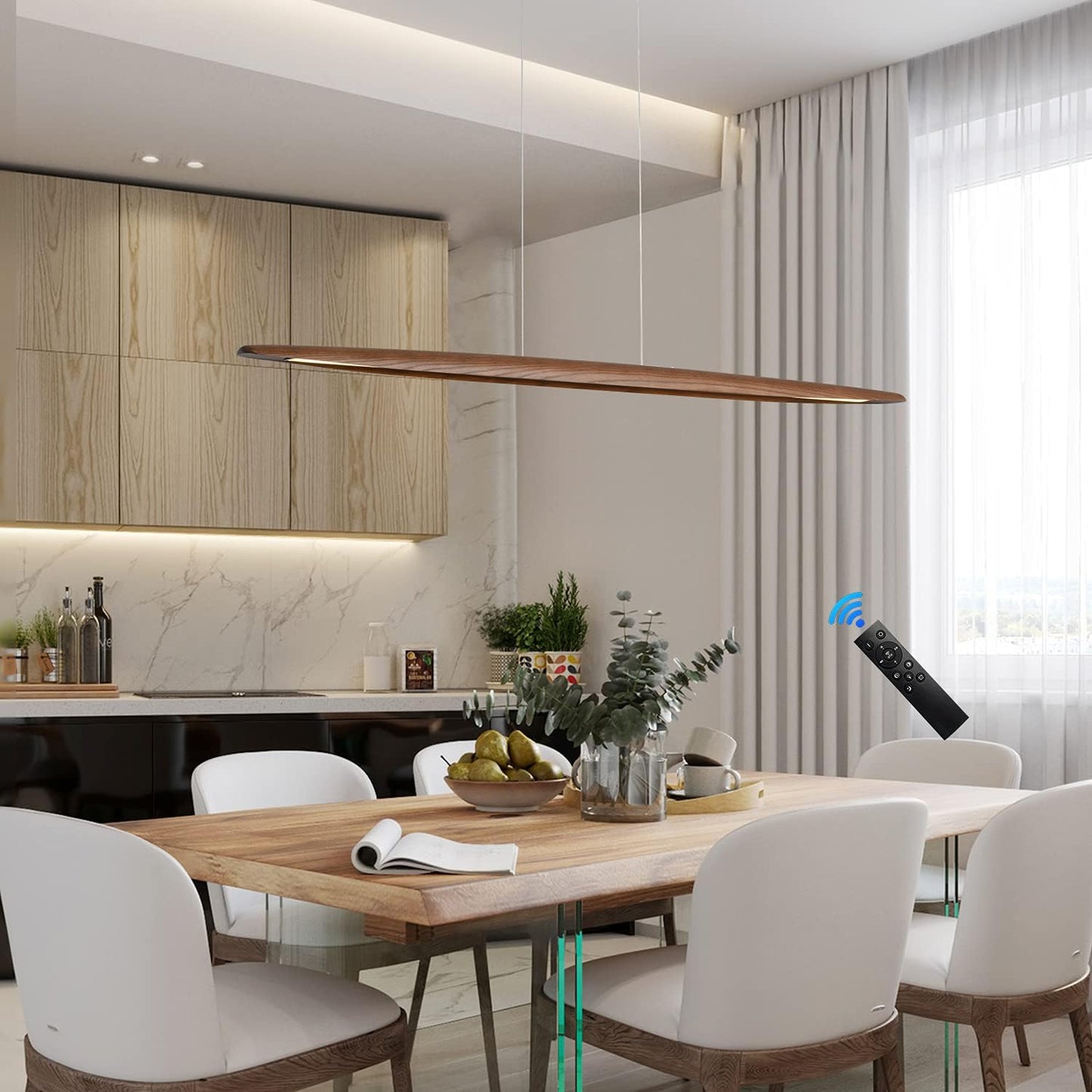 71" Wood Linear Pendant Light Wood Linear Dinning Room Light Island Lights LED Dimmable Chandelier 40w for Dining Room Billiard & Pool Table Walnut Color
